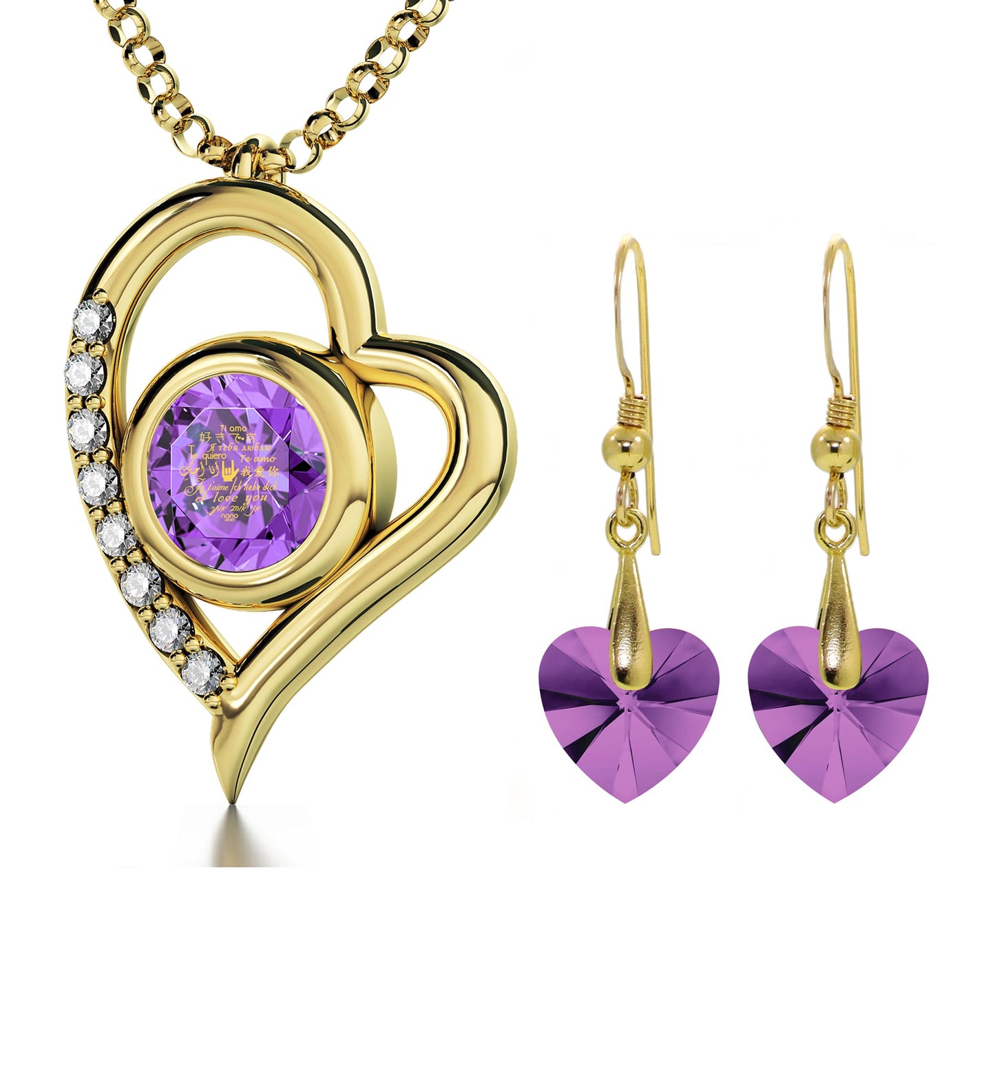 Gold Plated Silver" I Love You" Heart Necklace Set 24k Gold Inscribed in 12 Languages Red Purple Crystal, AMB, NEW!