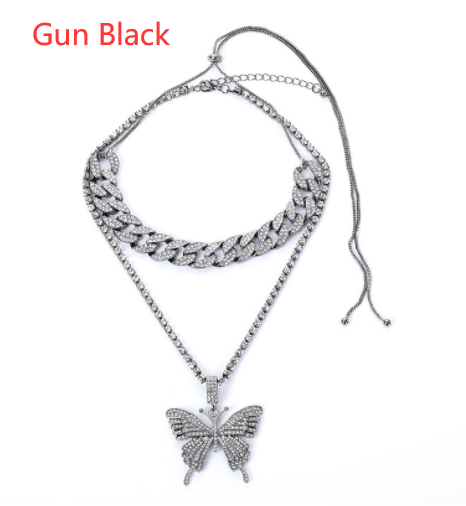Valentines Day Butterfly Charm Chain Necklace Set Silver Rose Gold Black