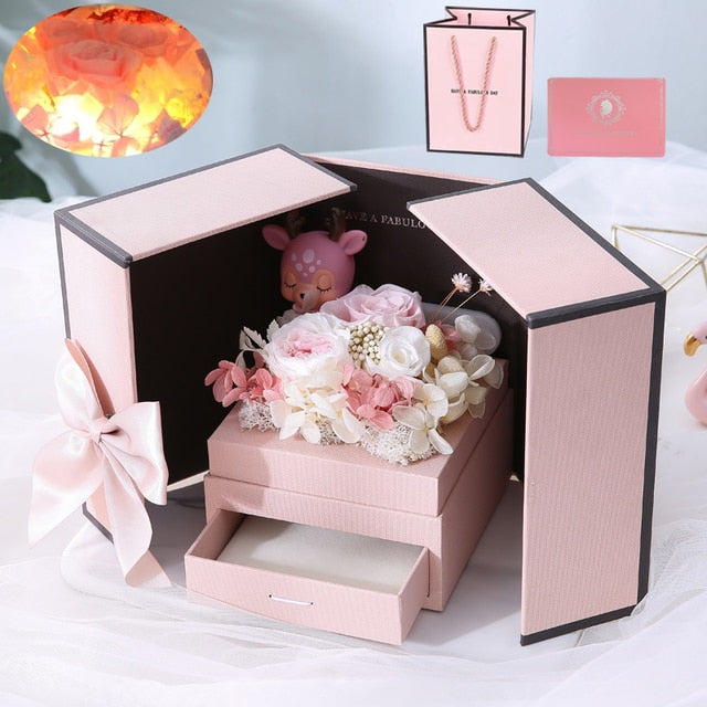 Valentines Day Eternal Rose Flower Gift Box Fawn Bear