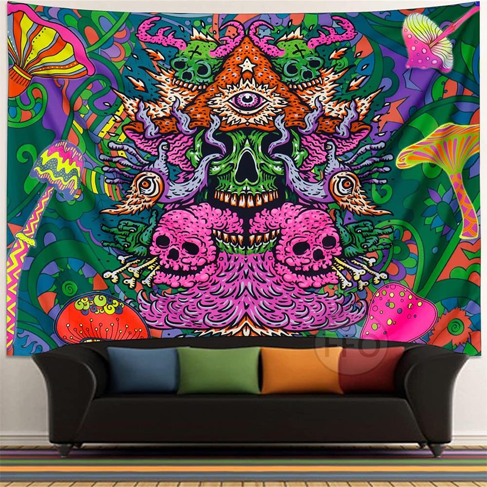 Aesthetic Tapestry Backdrop Blanket Colorful Skull Glows UV Black Light Luminous, Purple, Pink, Green NEW*