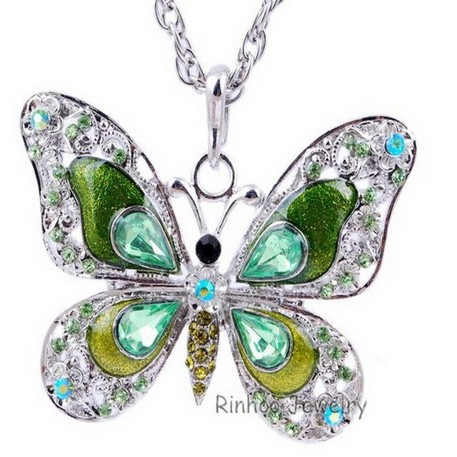 Colorful Sparkling Jewel Butterfly Necklace Pendant Blue Red Purple Pink Green Gold AMB