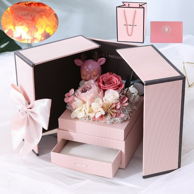 Valentines Day Eternal Rose Flower Gift Box Fawn Bear