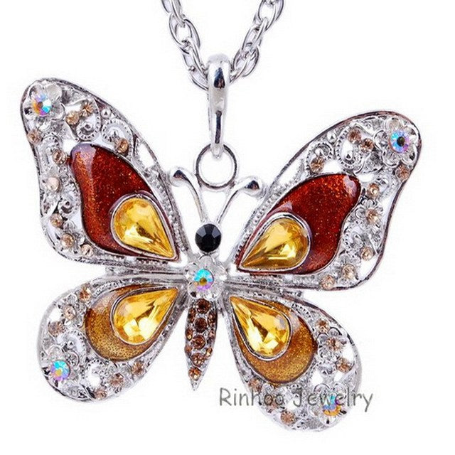 Colorful Sparkling Jewel Butterfly Necklace Pendant Blue Red Purple Pink Green Gold AMB