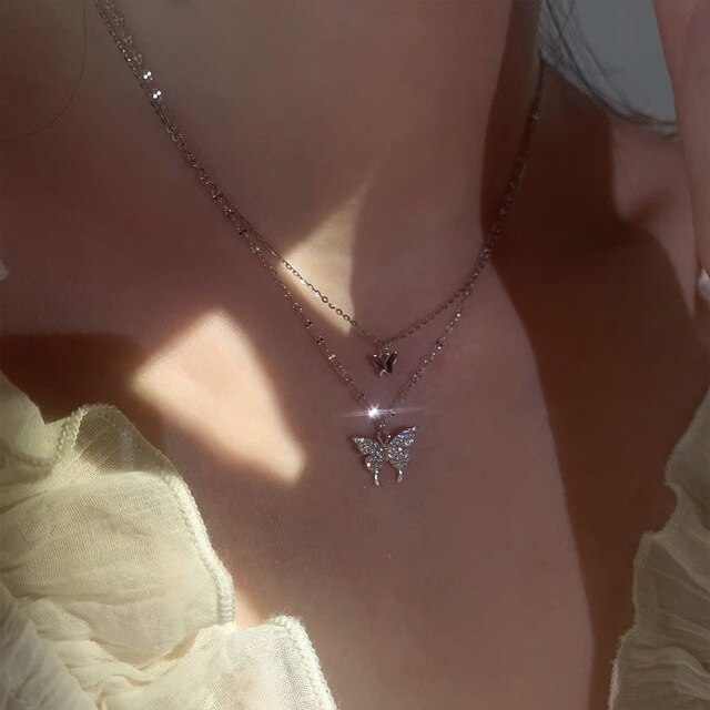 Valentines Day Butterfly Double Layer Chain Necklace 925 sterling silver