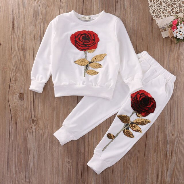 Valentines Day Fashion Girls Kids Rose Flower Outfits Top Bottom Sweats