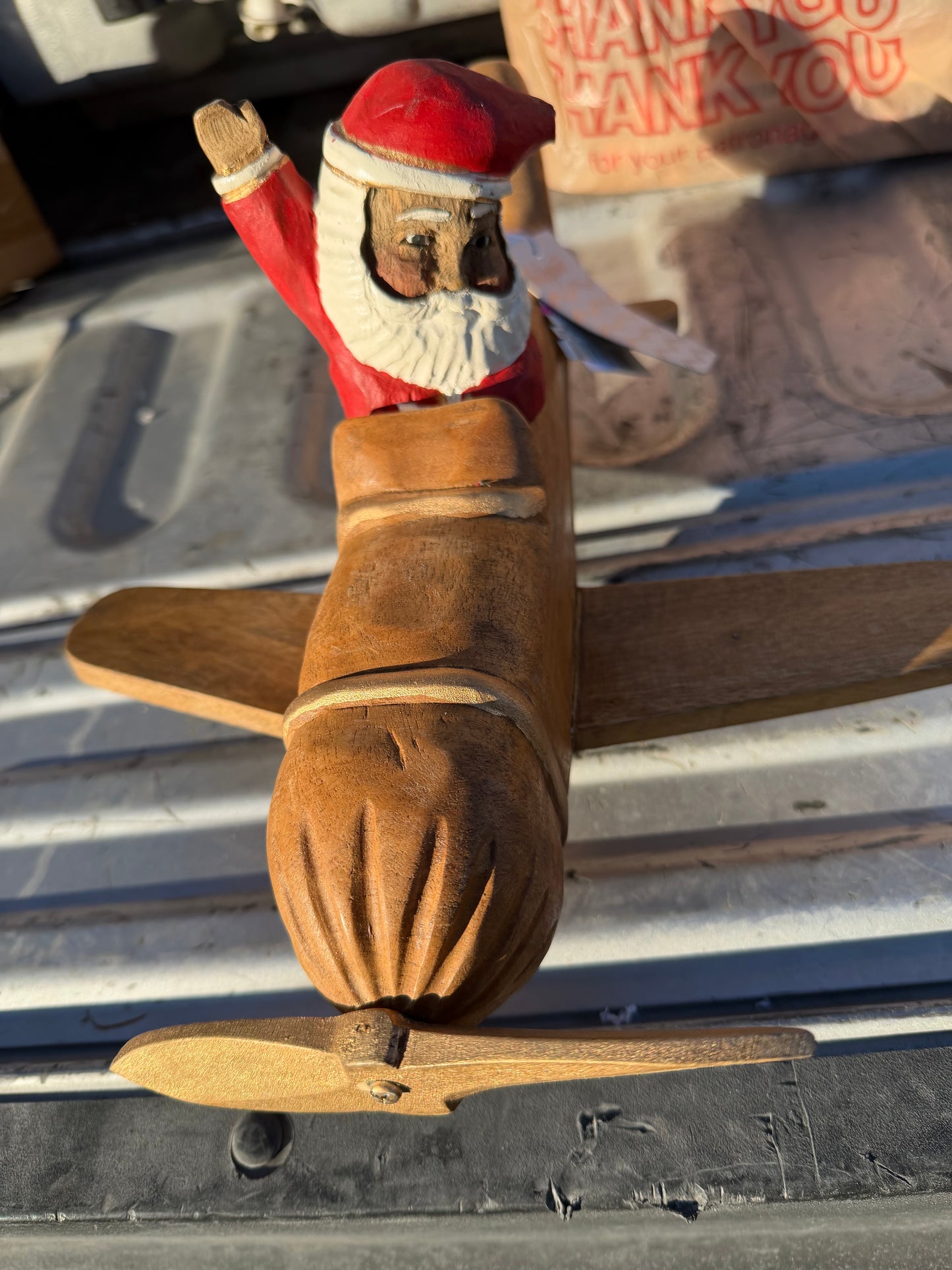 Santa Clause flying an Airplane waving made of solid wood 12 inch long new…