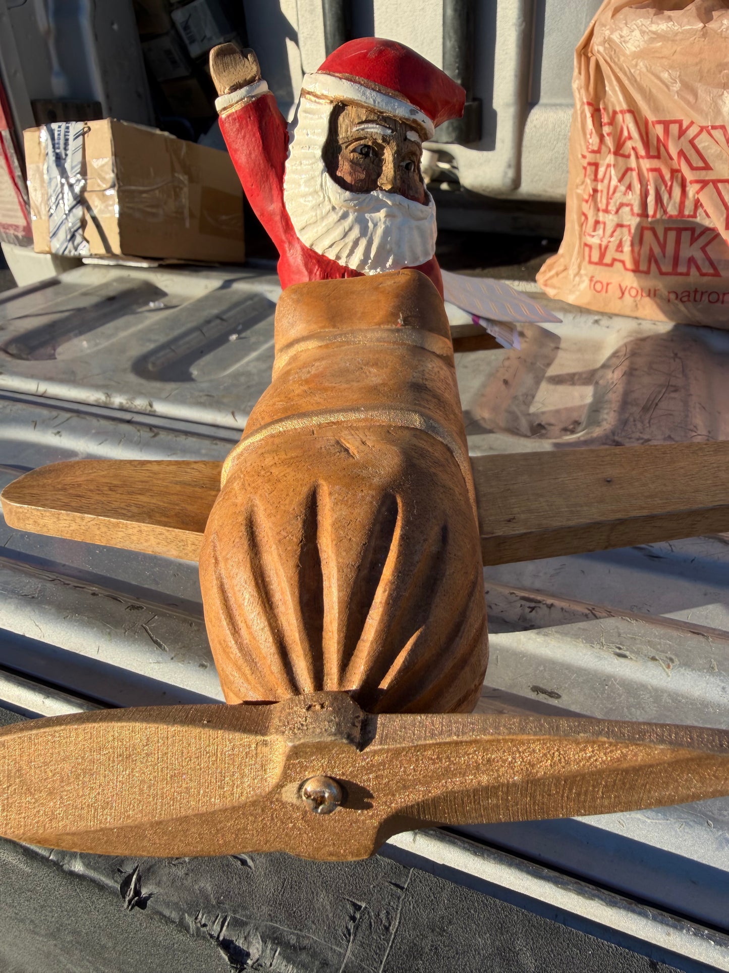 Santa Clause flying an Airplane waving made of solid wood 12 inch long new…