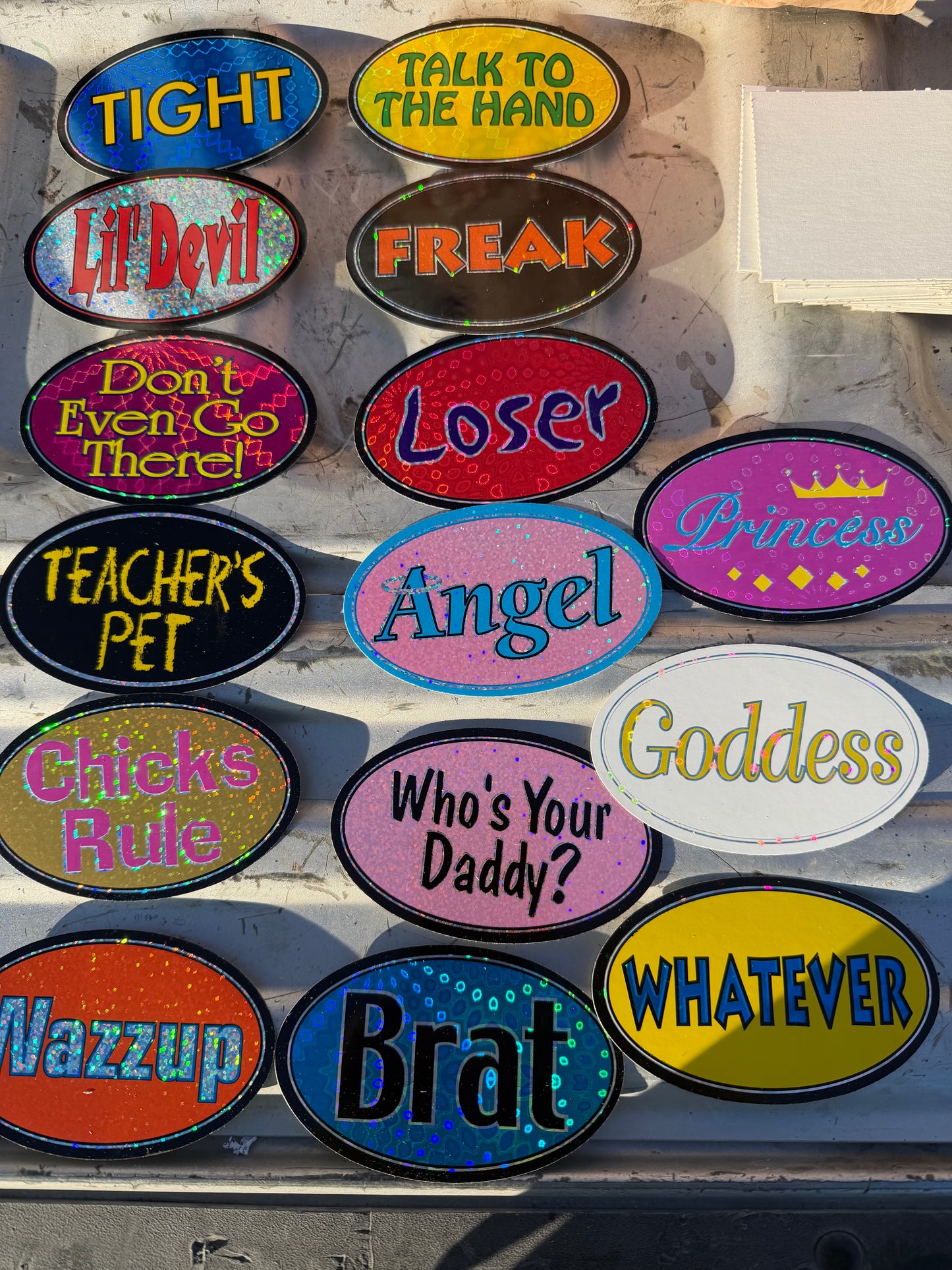 Oval large stickers glittering words famous saying 3.5 inches long new 15 different in a set sold by the whole set …