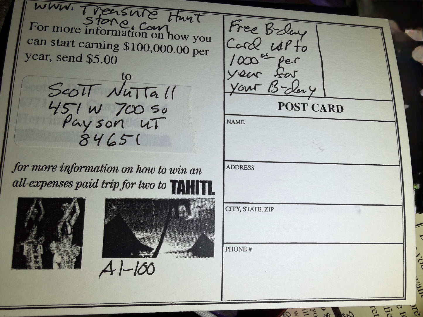 ABC-BAY ANNONYMOUS BIRTHDAY CARD FOR LIFE EVERY YEAR ON YOUR BIRTHDAY FREE  FROM 1 -1000 DOLLARS JUST PAY ONE TIME SHIPPING OF 5 $ FOR INFO AND EVERY 90DAYS GET A NEWS LETTER FOR FREE GIFTS  FOR MEMBERS ONLY!!!!