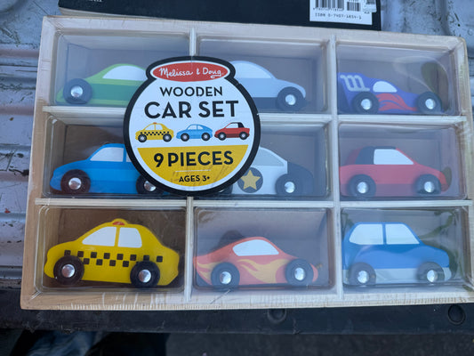 Melissa and Doug wooden car set new 9 cars made of wood block no sharp edges with case …