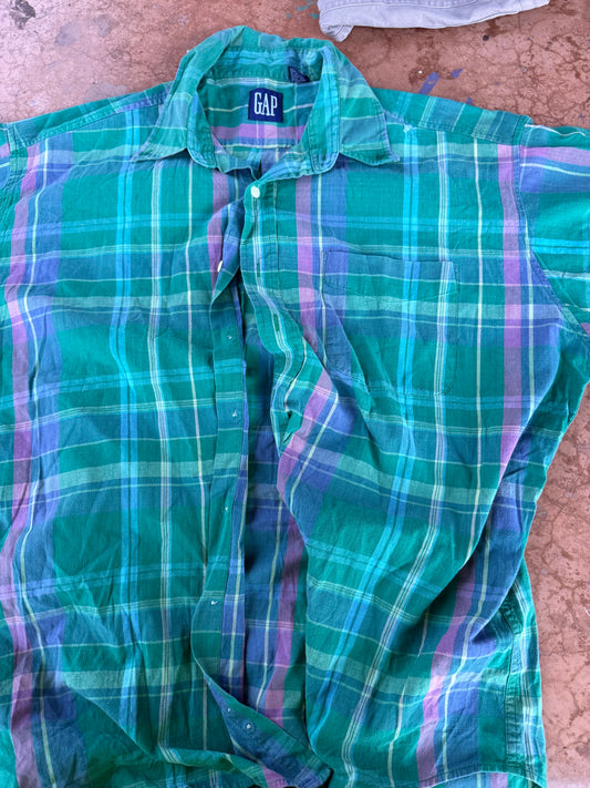 Gap button down dress up men shirt green and blue plaid short sleeve …