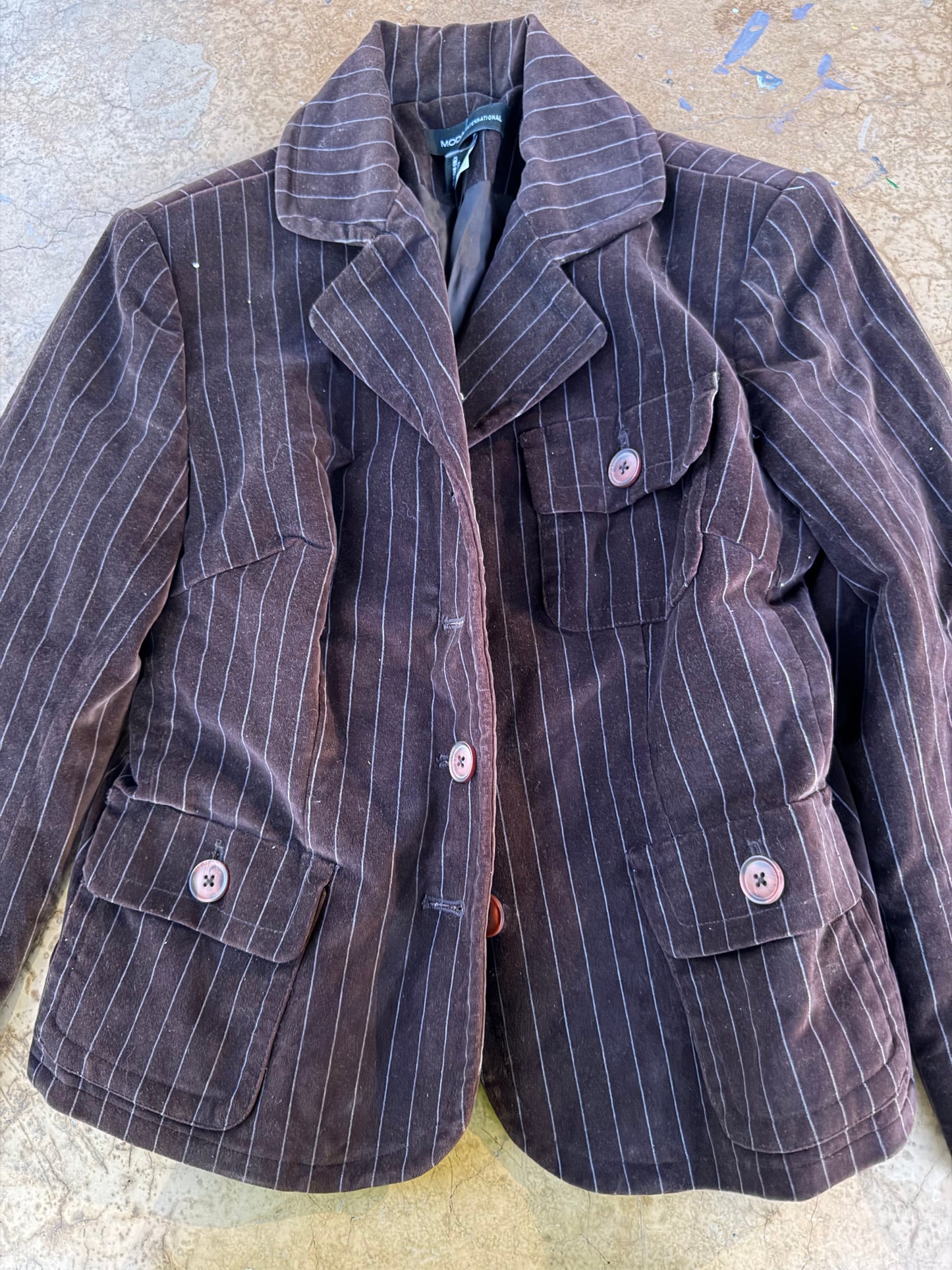 Moda International suit jacket business coat brown color striped button up long sleeve size 6…