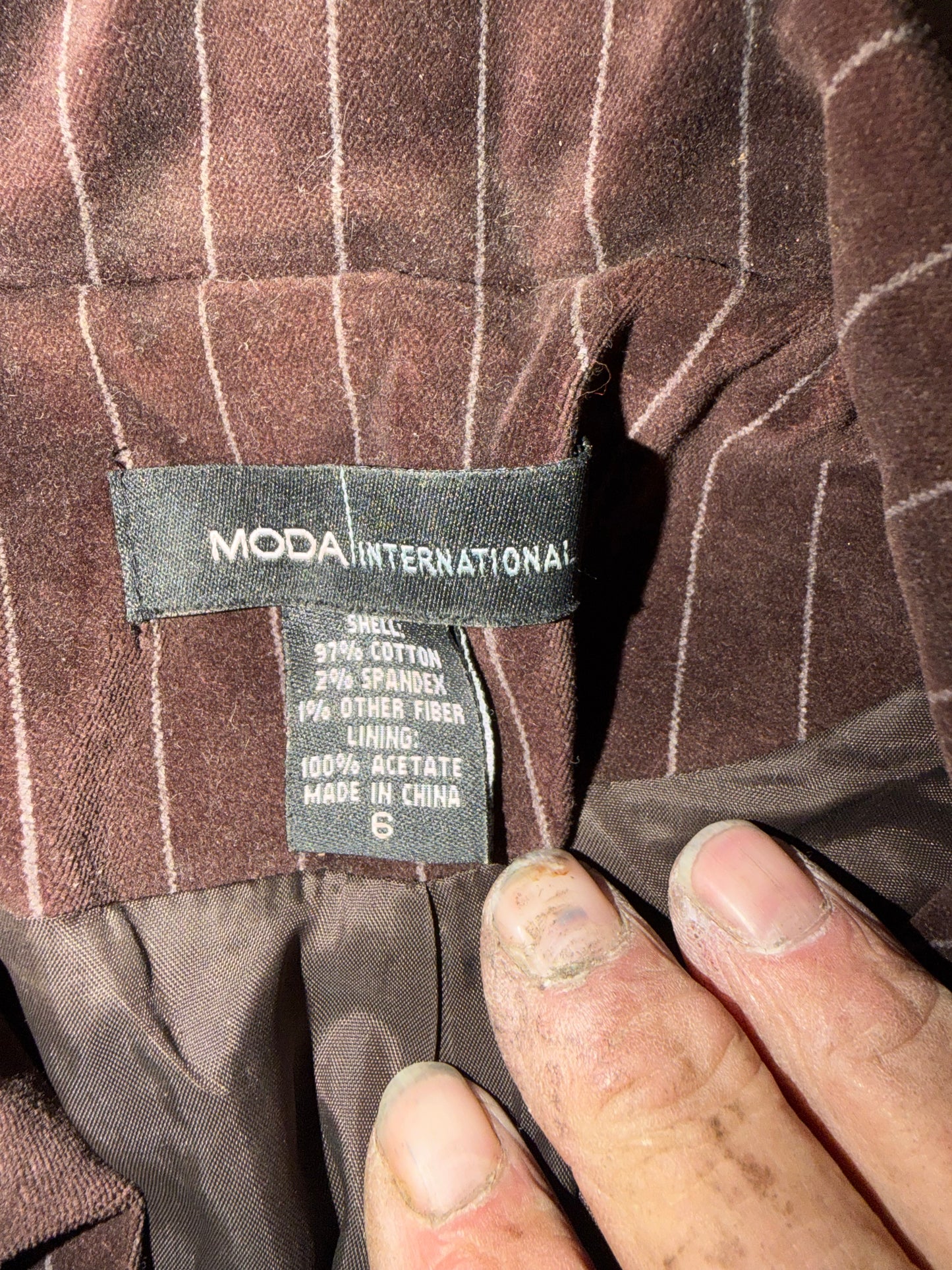 Moda International suit jacket business coat brown color striped button up long sleeve size 6…