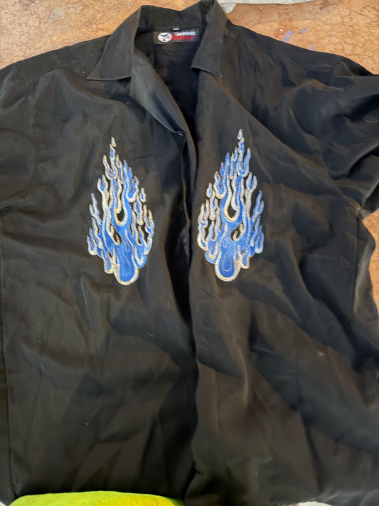 Sapphire Lounge black custom made shirt button down short sleeve blue flames on front …