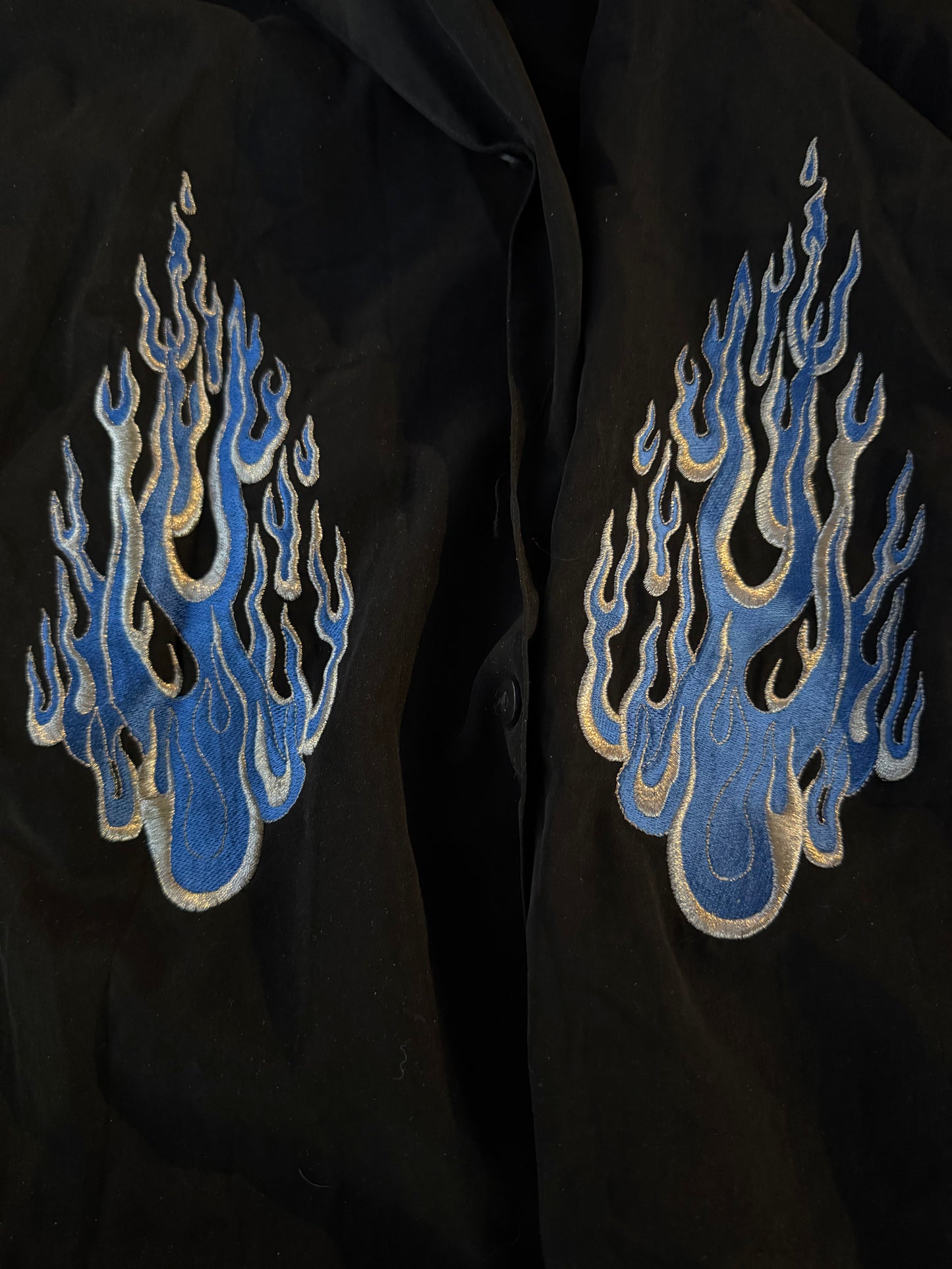 Sapphire Lounge black custom made shirt button down short sleeve blue flames on front …
