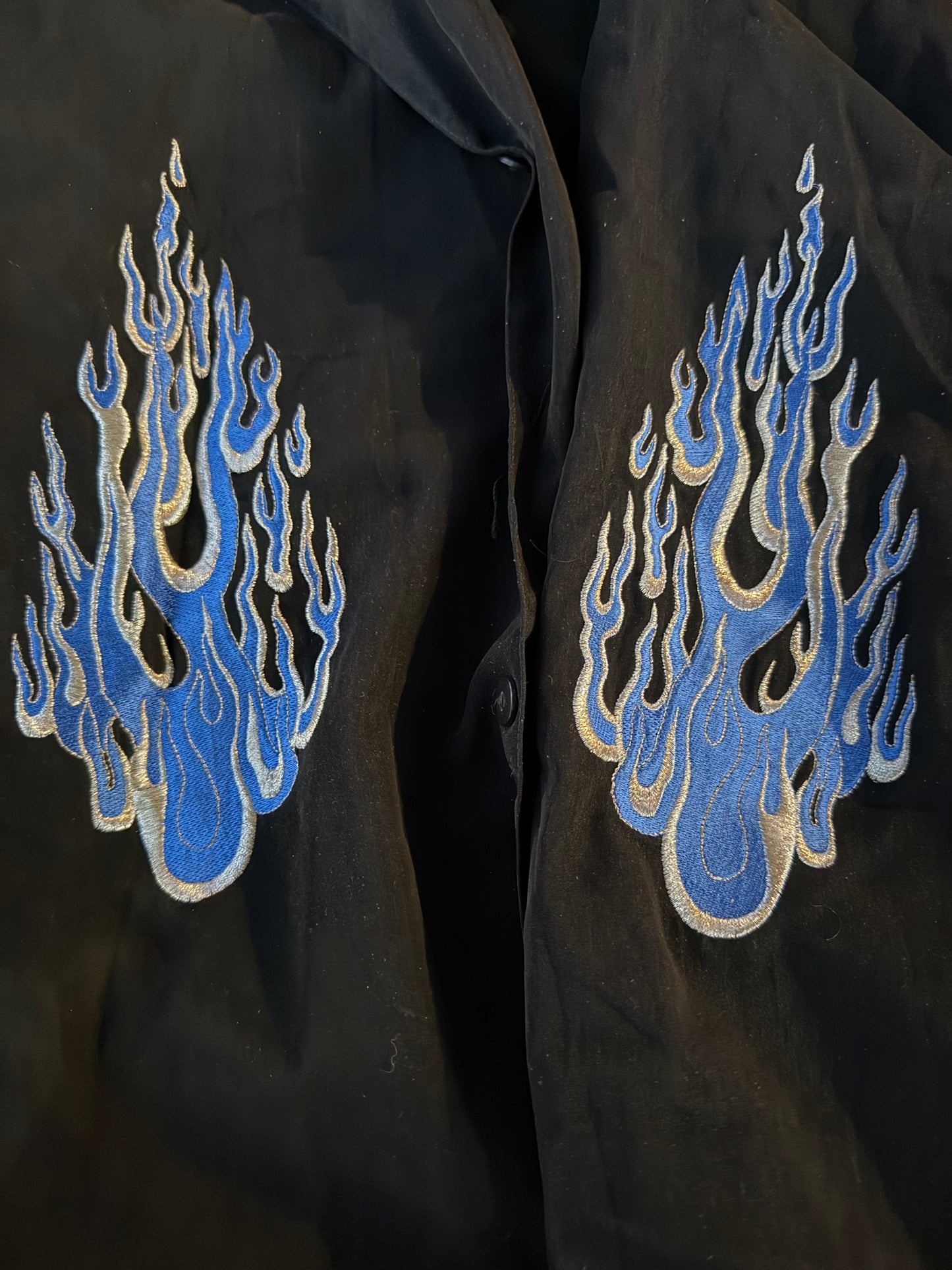Sapphire Lounge black custom made shirt button down short sleeve blue flames on front …