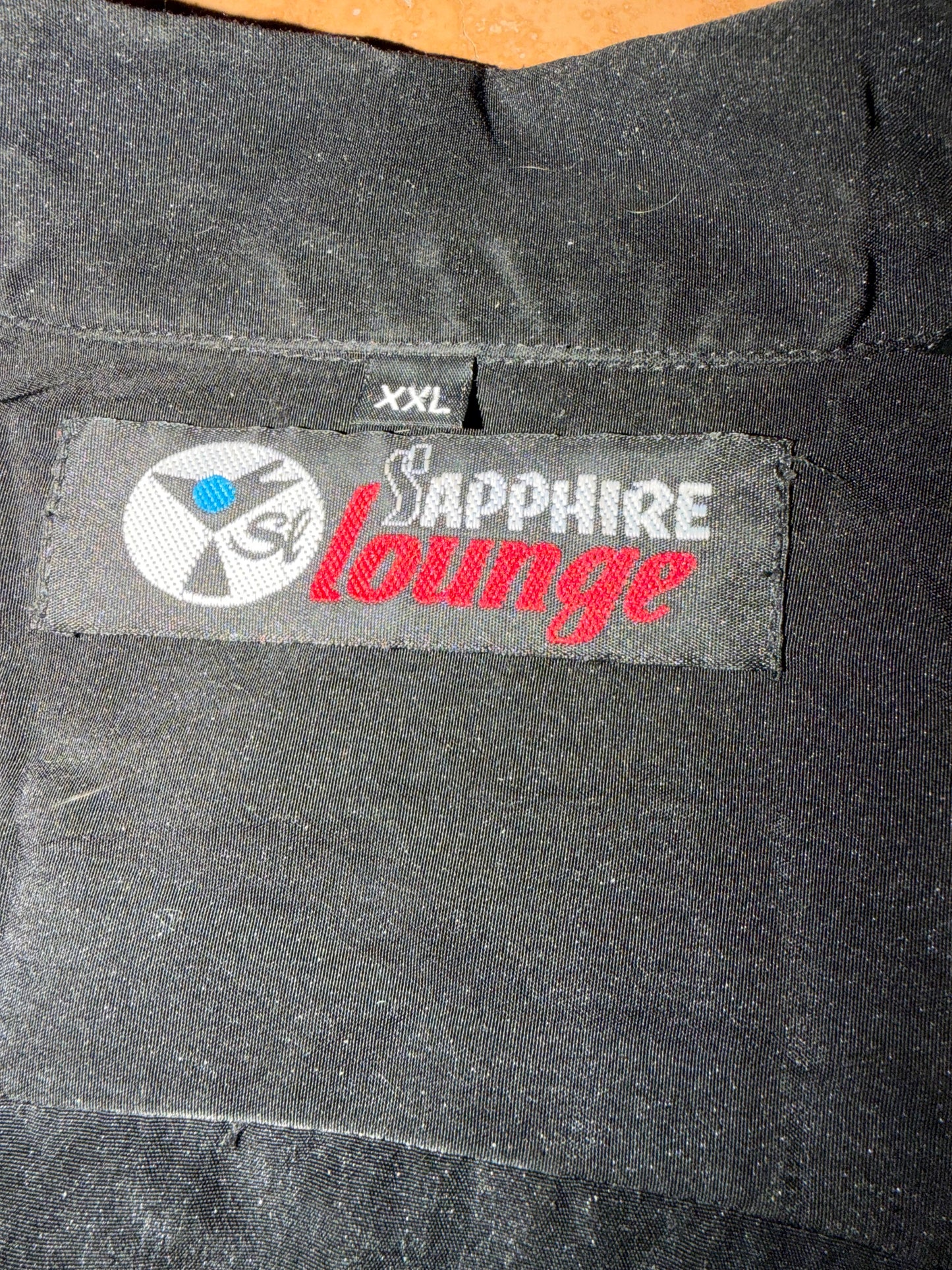 Sapphire Lounge black custom made shirt button down short sleeve blue flames on front …