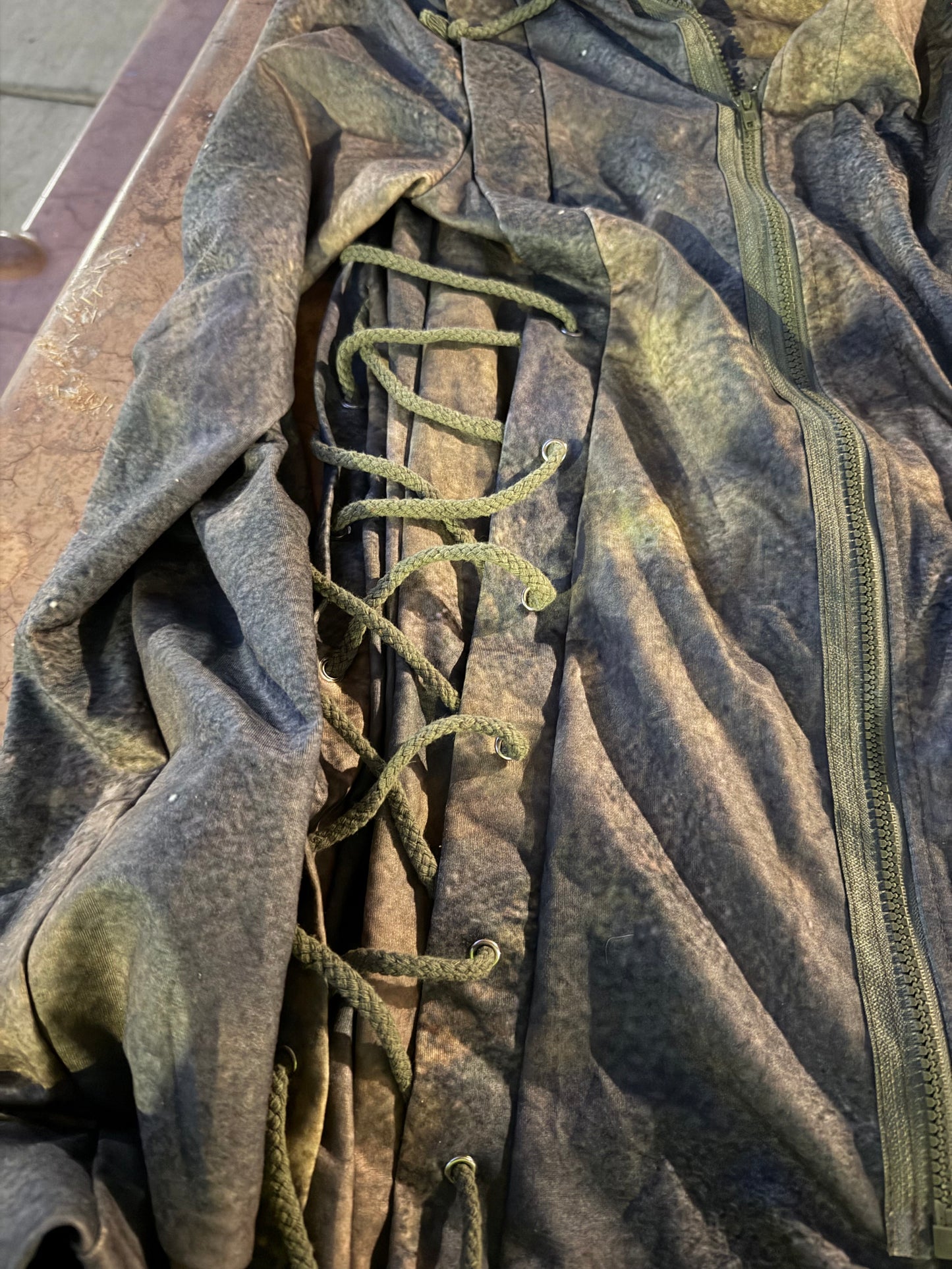 Gothic hoodie gray and dark olive green zipper and rope stitch on side no tag hand made size XL …