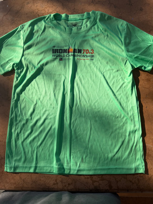 Iron man world competition tee shirt for volunteer for help with the sport event size Small green color new 2002 …