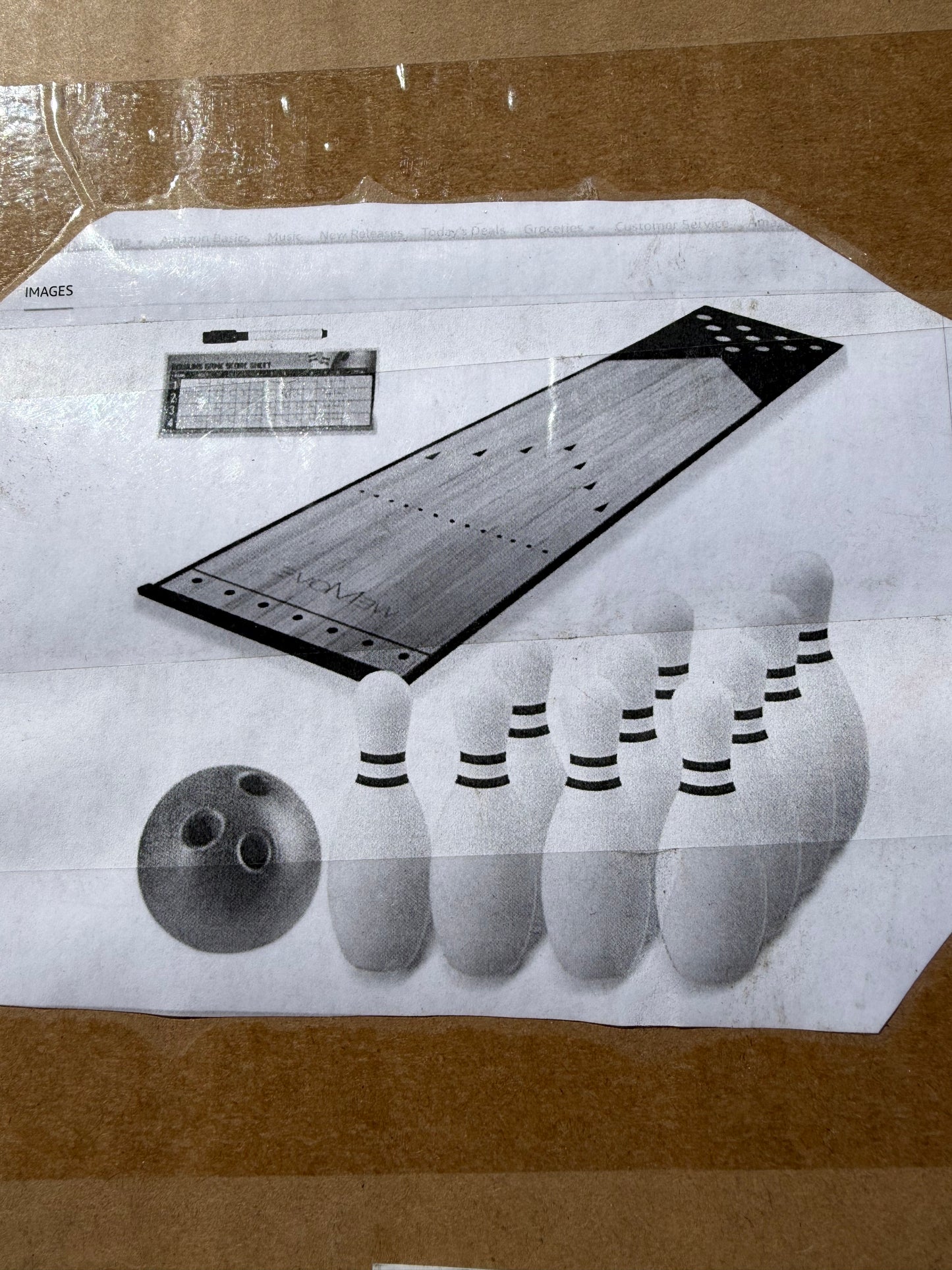 Plastic bowling game 12 pins plastic ball and a vinyl plank for the ball to go down. …