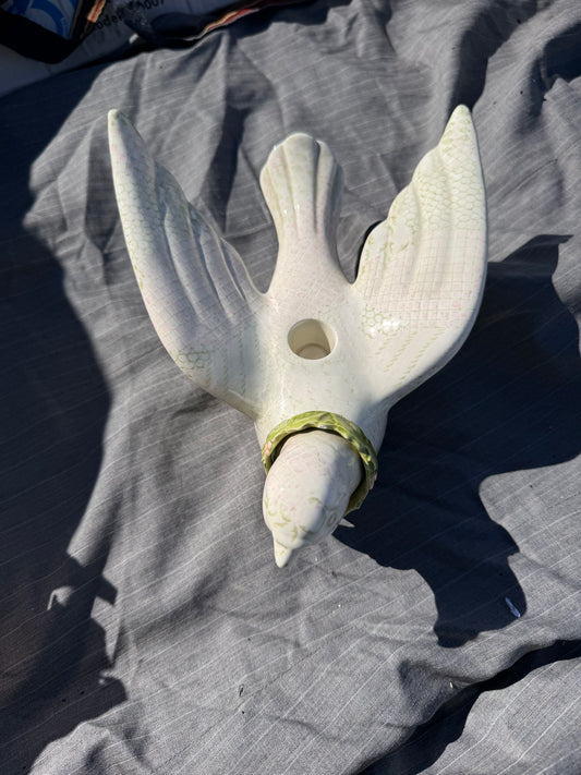Dove Christmas candle holder Dove with green leaves around neck 6 inch long 4 inch tall table top piece…