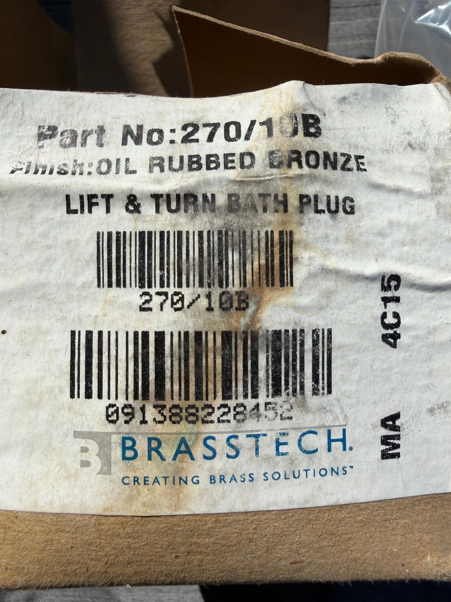 Brasstech plumbing parts finish for tub drain lift and turn drain for tub oil rubbed bronze finish color part # 270-10B …