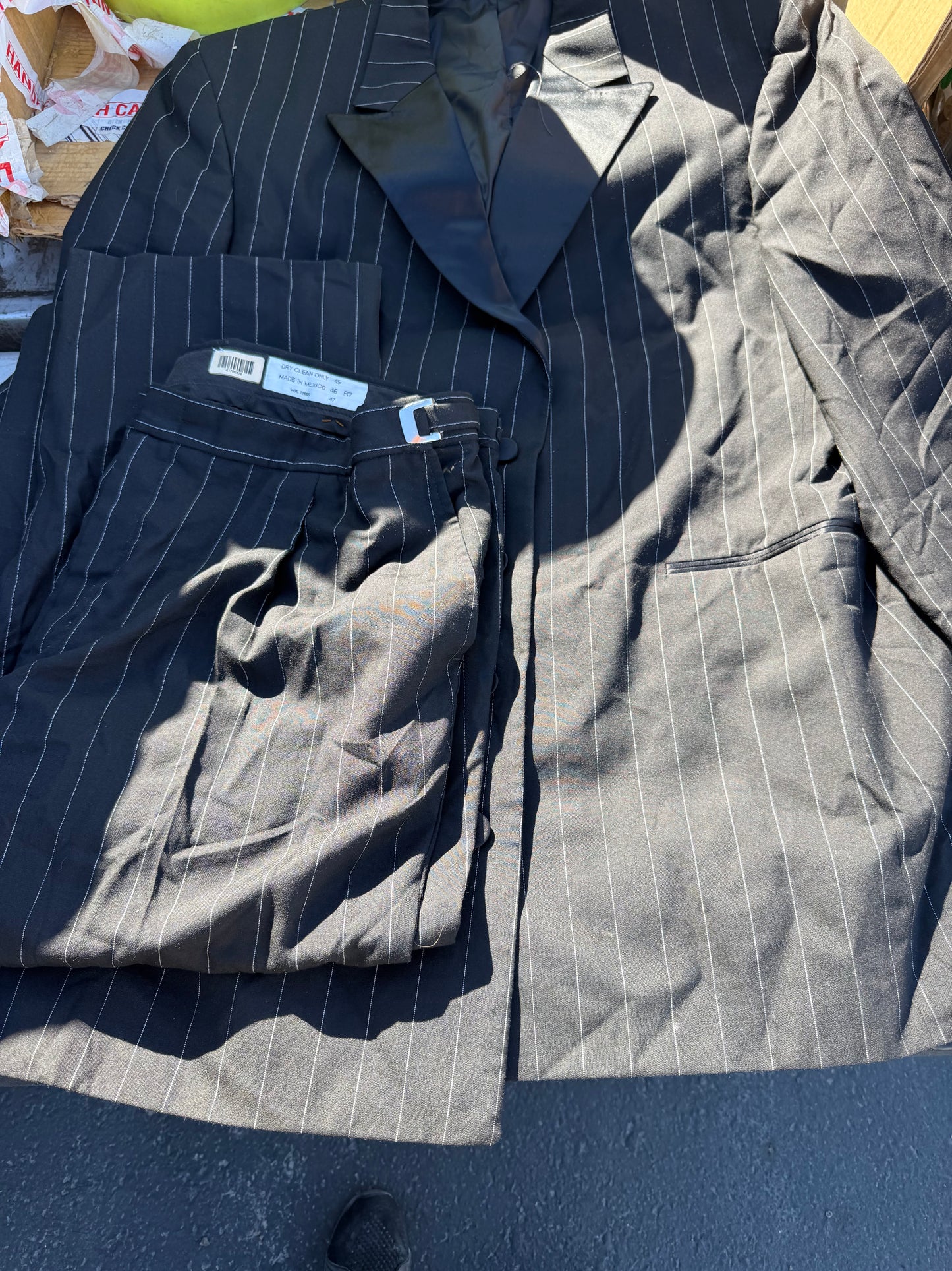 After Six clothing company Business suit ladies suit black with stripes tall and size 45 waistband tall jacket and long pants…