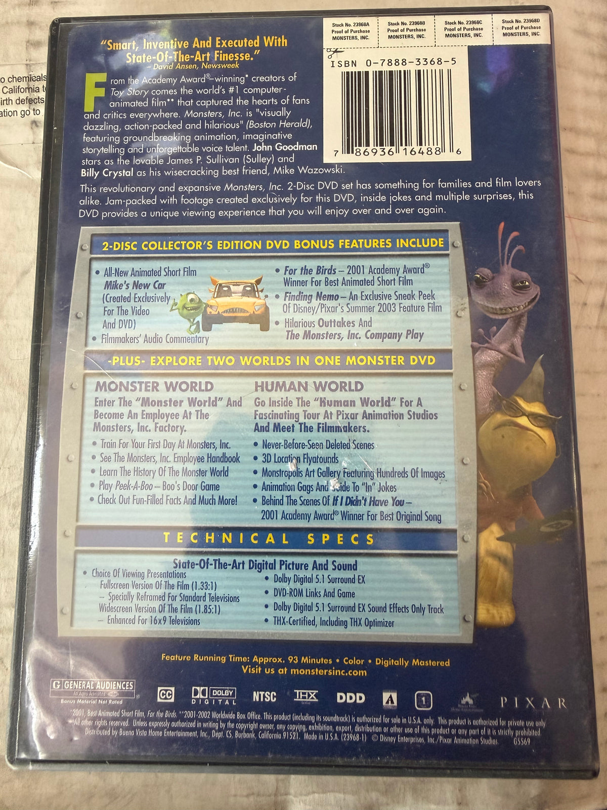 Monsters Inc first DVD movie animated by Pixar used …