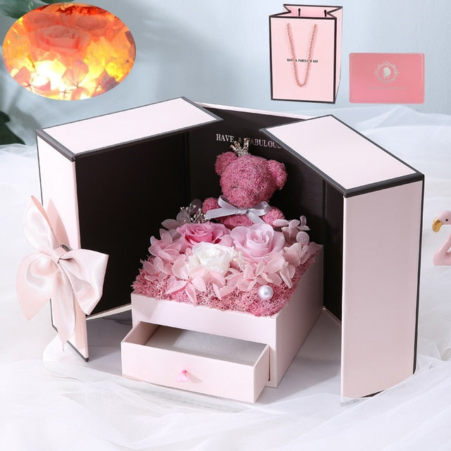 Valentines Day Eternal Rose Flower Gift Box Fawn Bear