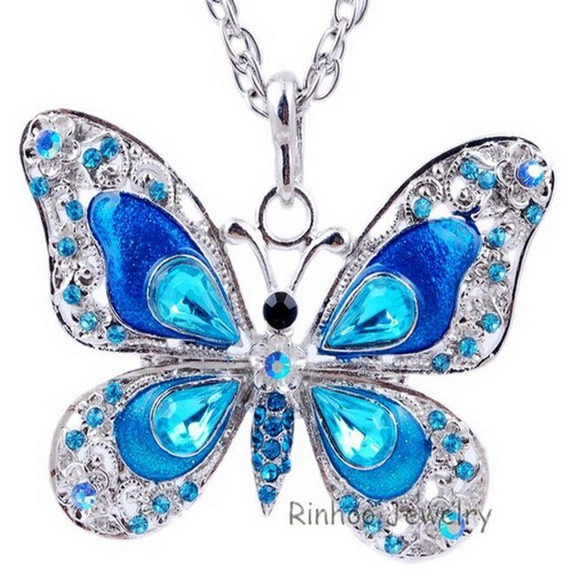Colorful Sparkling Jewel Butterfly Necklace Pendant Blue Red Purple Pink Green Gold AMB