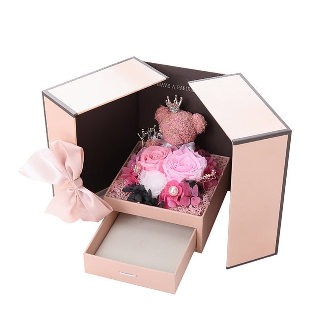 Valentines Day Artificial Flower Jewelry Box Bear Crown Love Rose Pink