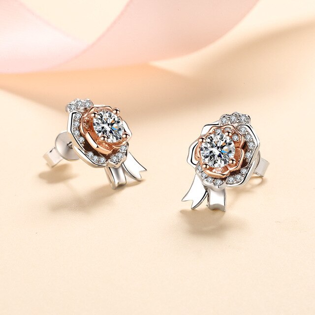 Valentines Day Silver Sparkling Rose Stud Earrings