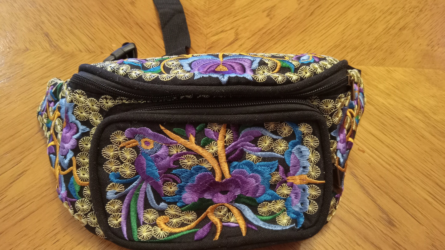 FANNY PACK Ethnic Full Embroidered Crossbody Bag Boho Floral Blue Peony Travel Purse Pouch USED