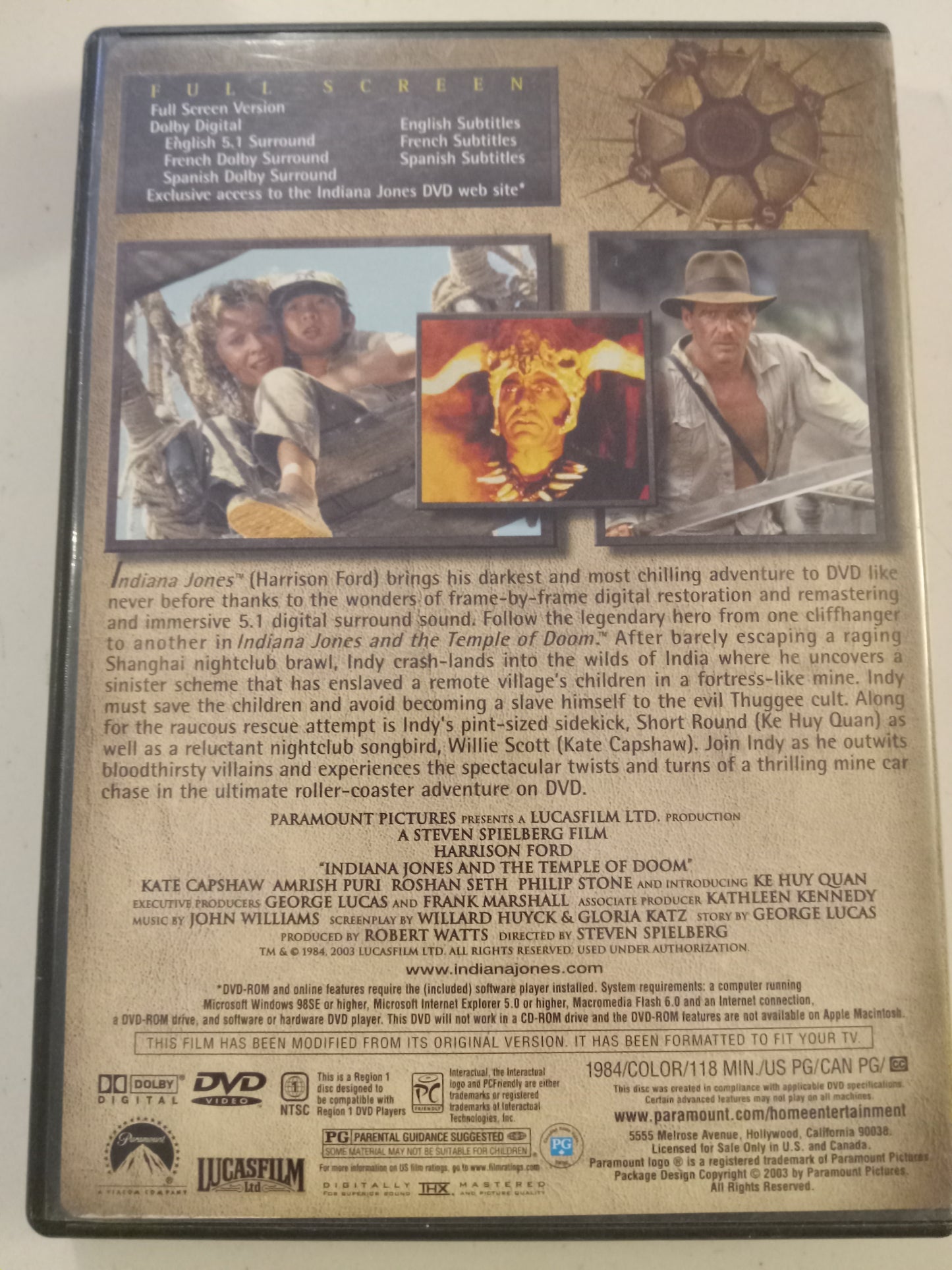 DVD: Indiana Jones And The Temple Of Doom (2003, Fullscreen Rated PG) Harrison Ford USED