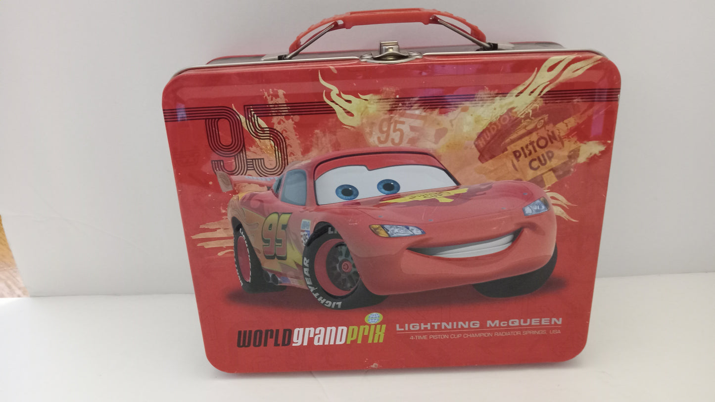 LUNCH BOX Disney Pixar Cars World Grand Prix Metal Tin - Lightning McQueen & Francesco Bernoulli Tote USED