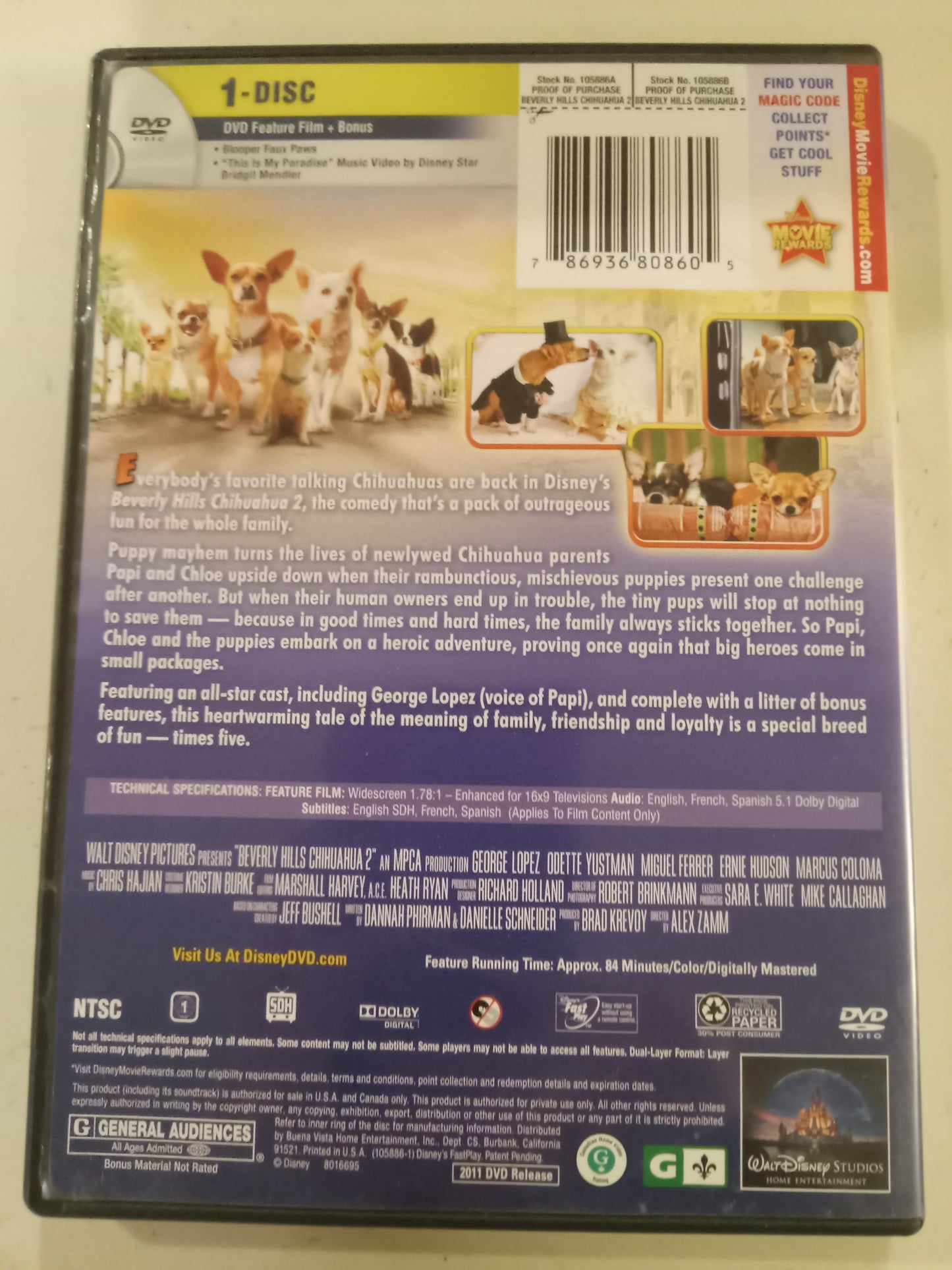 DVD: Beverly Hills Chihuahua 2 (2011, Widescreen, Rated G) George Lopez USED