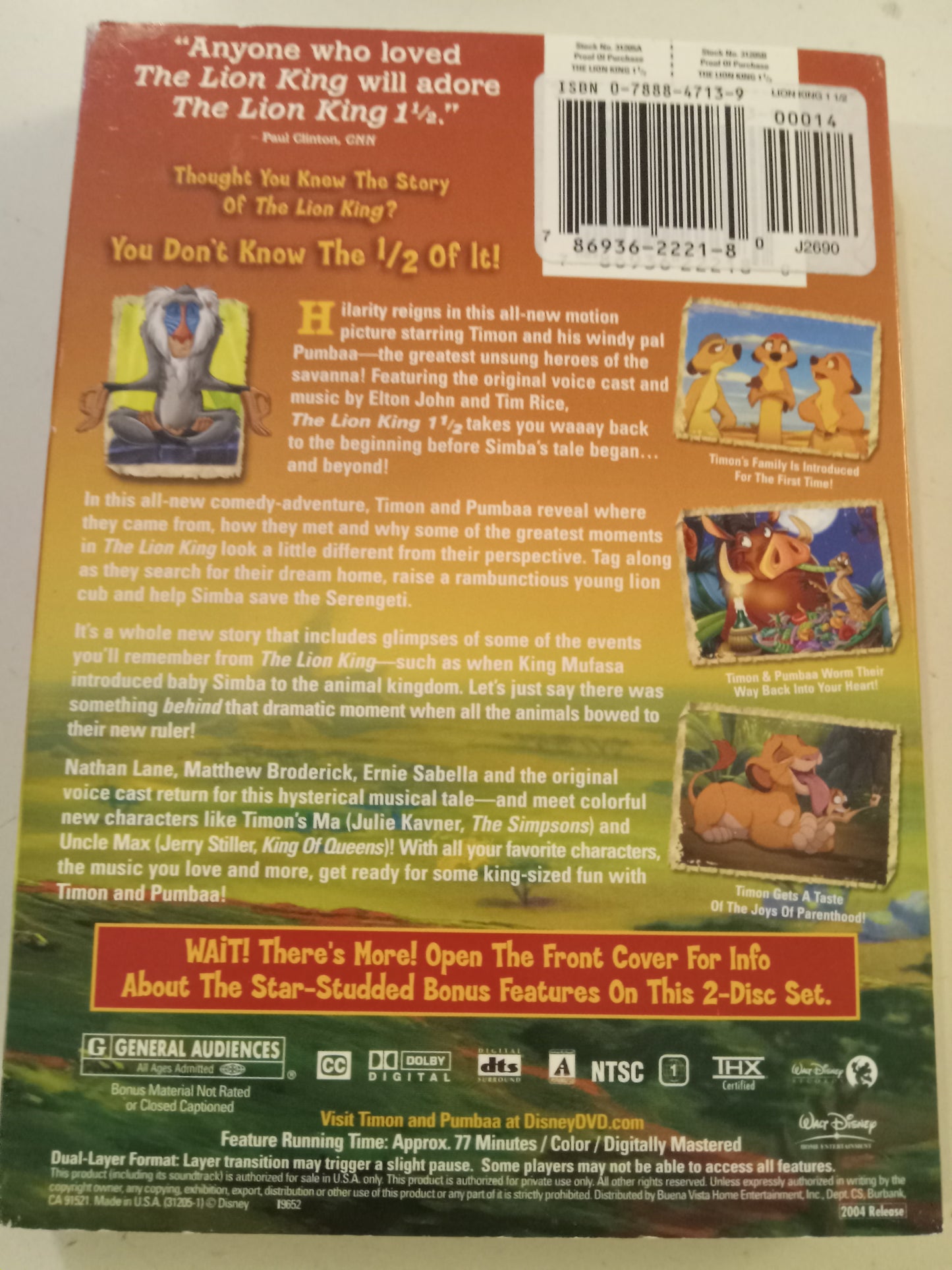 DVD: The Lion King 1 1/2 (2004, Widescreen, Rated G) Disney Animation Elton John USED