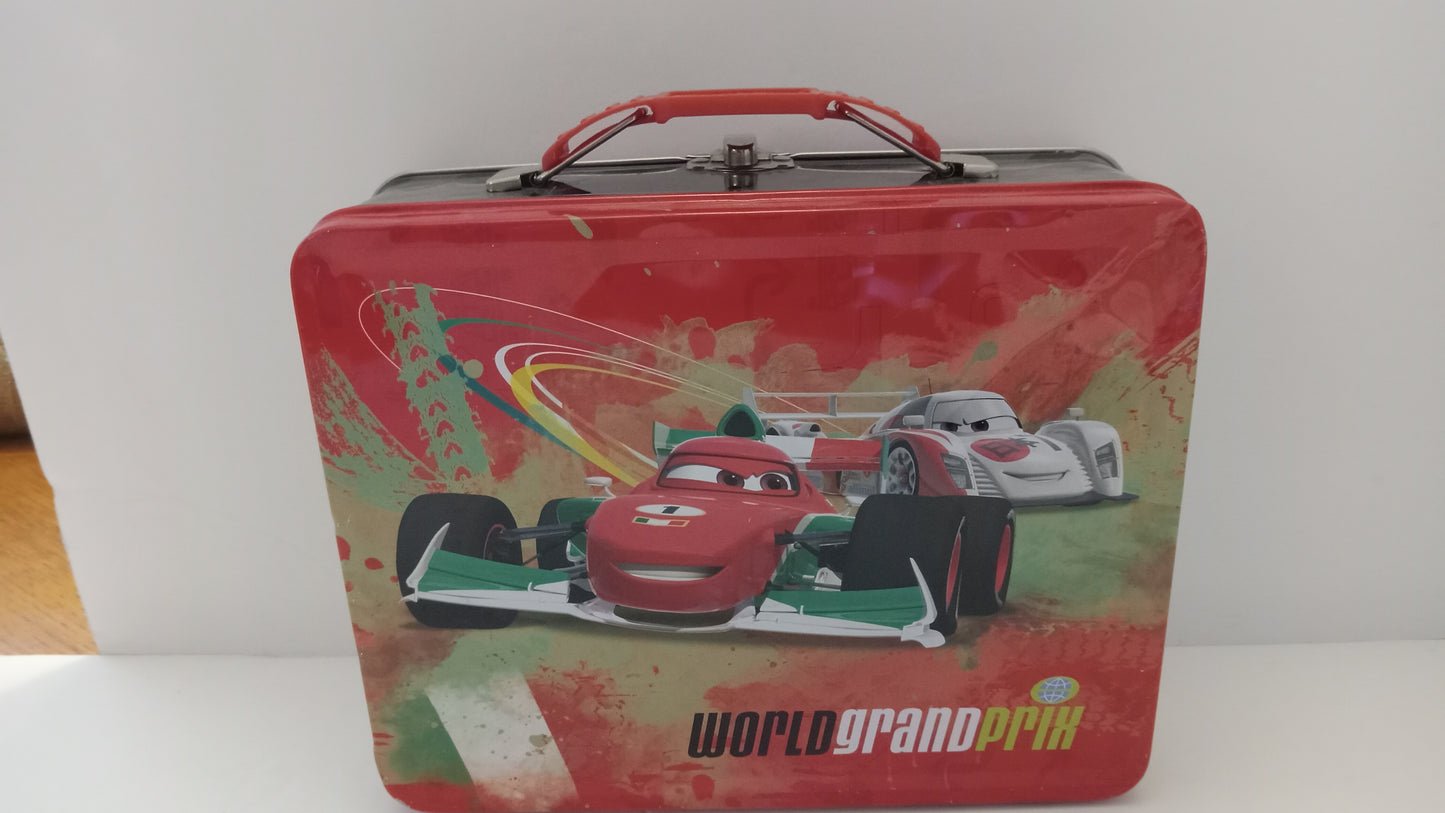 LUNCH BOX Disney Pixar Cars World Grand Prix Metal Tin - Lightning McQueen & Francesco Bernoulli Tote USED