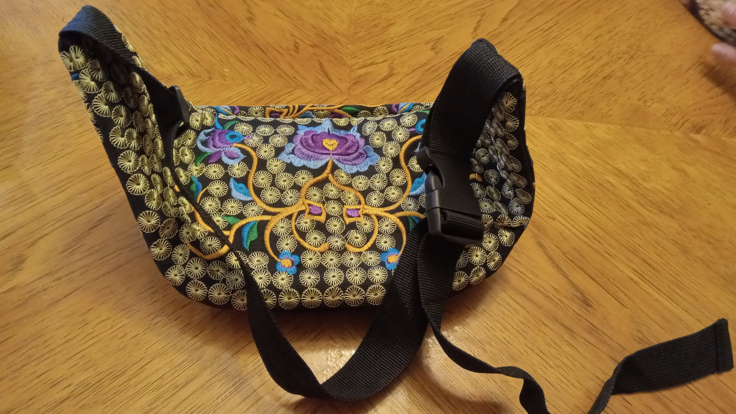 FANNY PACK Ethnic Full Embroidered Crossbody Bag Boho Floral Blue Peony Travel Purse Pouch USED