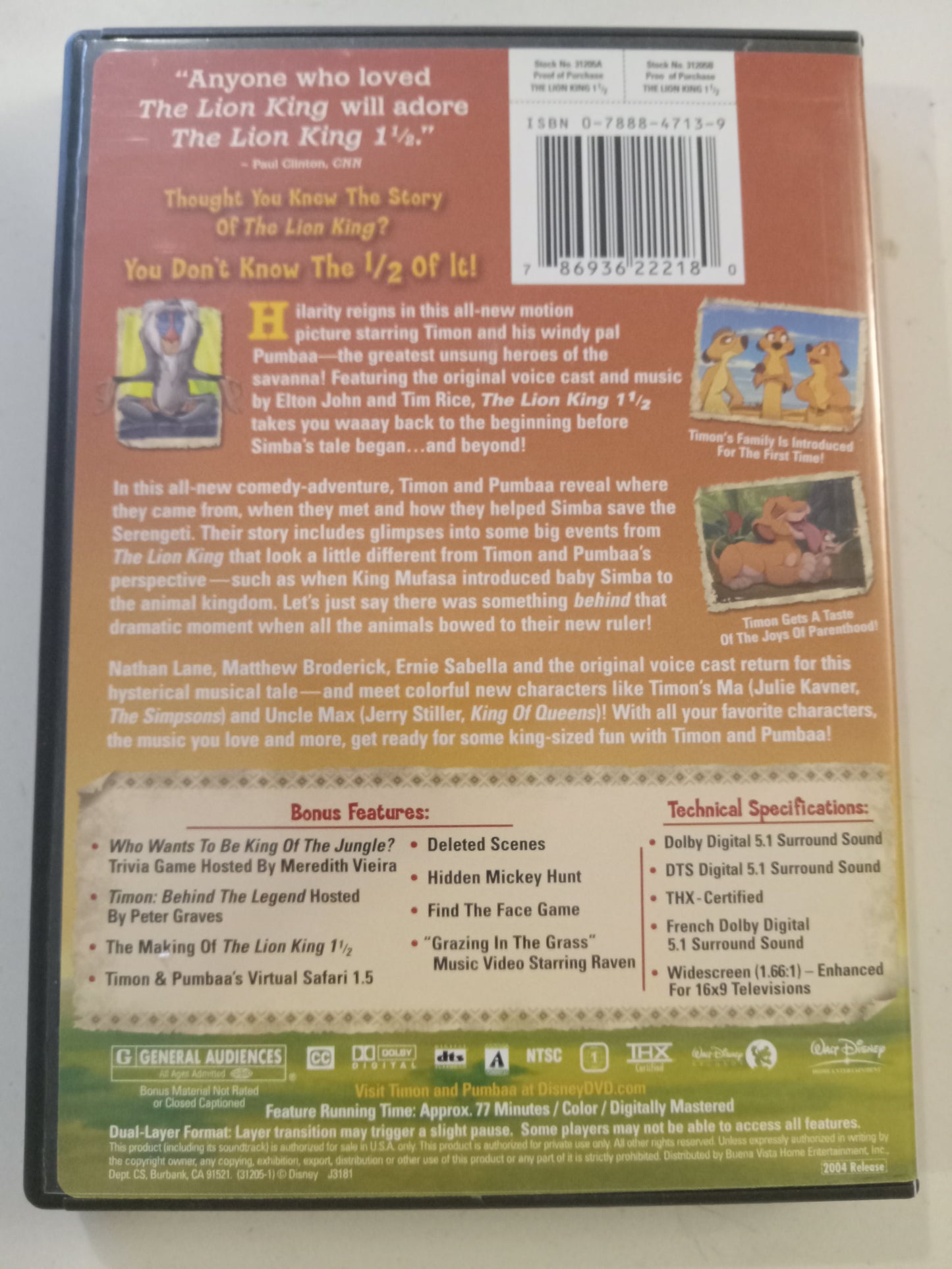 DVD: The Lion King 1 1/2 (2004, Widescreen, Rated G) Disney Animation Elton John USED