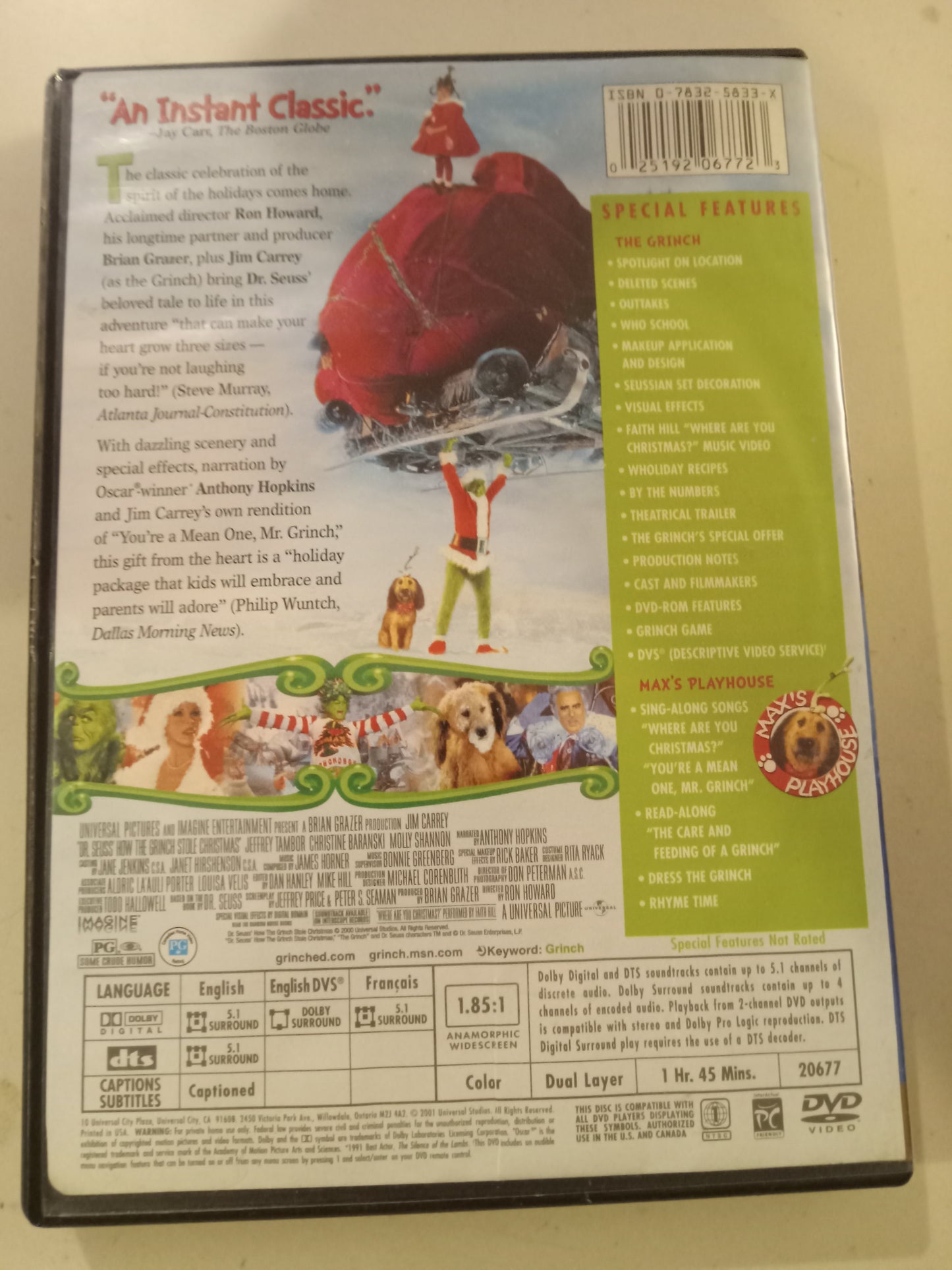 DVD: How The Grinch Stole Christmas (2001, Widescreen, Rated PG) Jim Carry USED