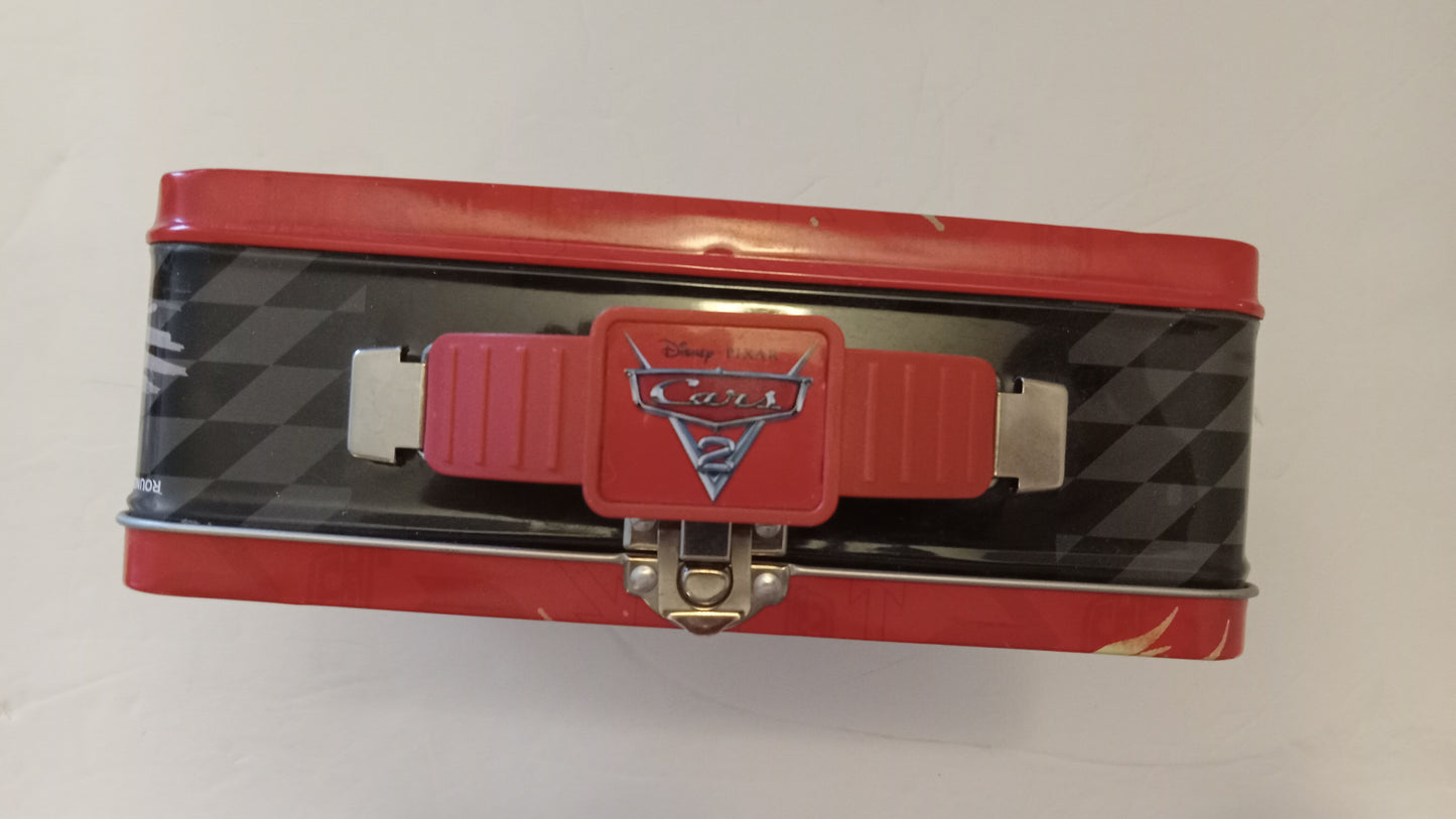 LUNCH BOX Disney Pixar Cars World Grand Prix Metal Tin - Lightning McQueen & Francesco Bernoulli Tote USED