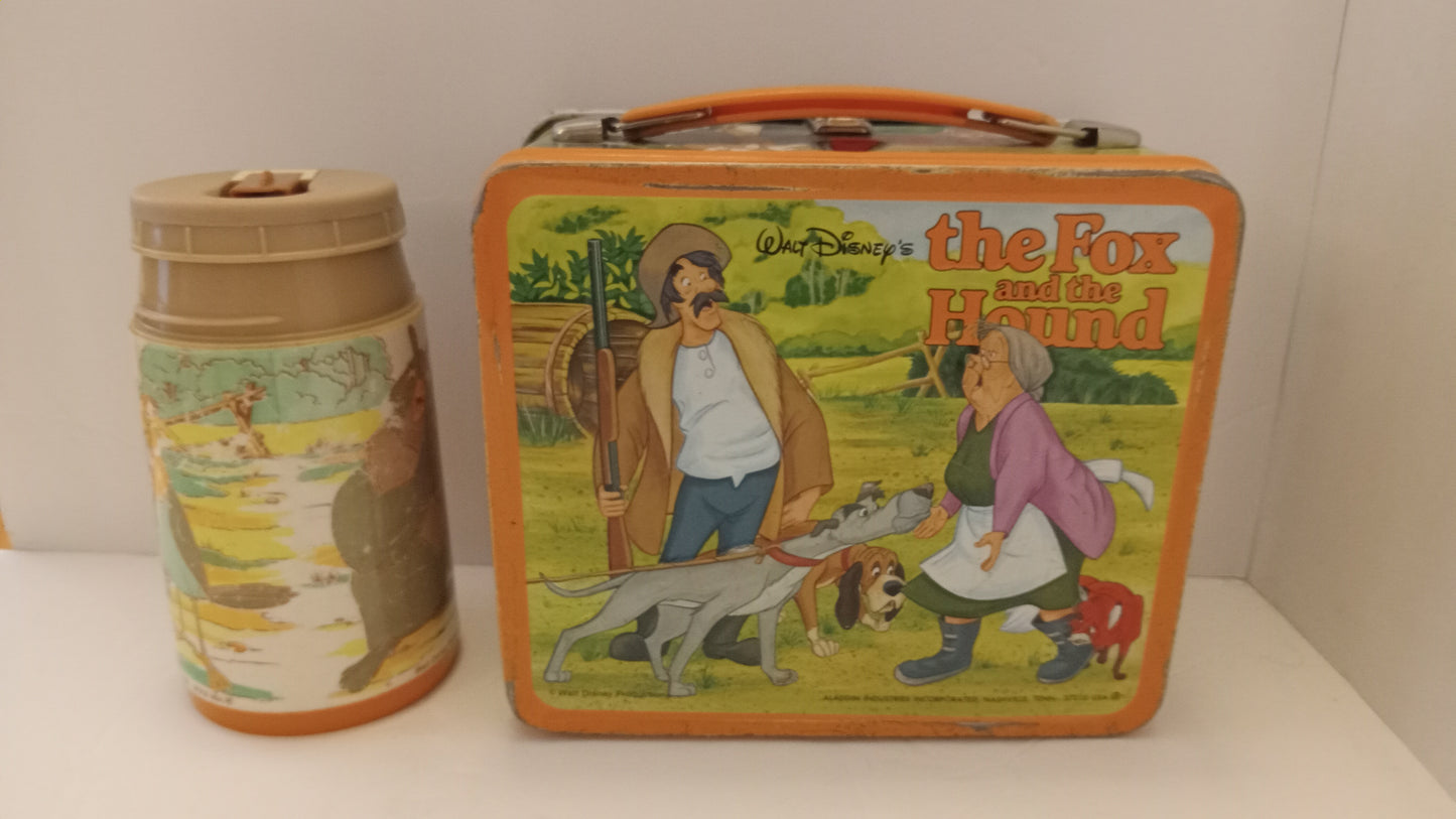 LUNCH BOX Vintage 1981 Disney Fox and the Hound Metal with Matching Thermos Set - Aladdin USED