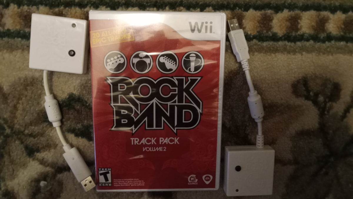 Nintendo Wii Rock Band Accessory Lot - Track Pack Vol 2 Game, Wireless Drum Dongle Receiver & USB Guitar Hub Adapter