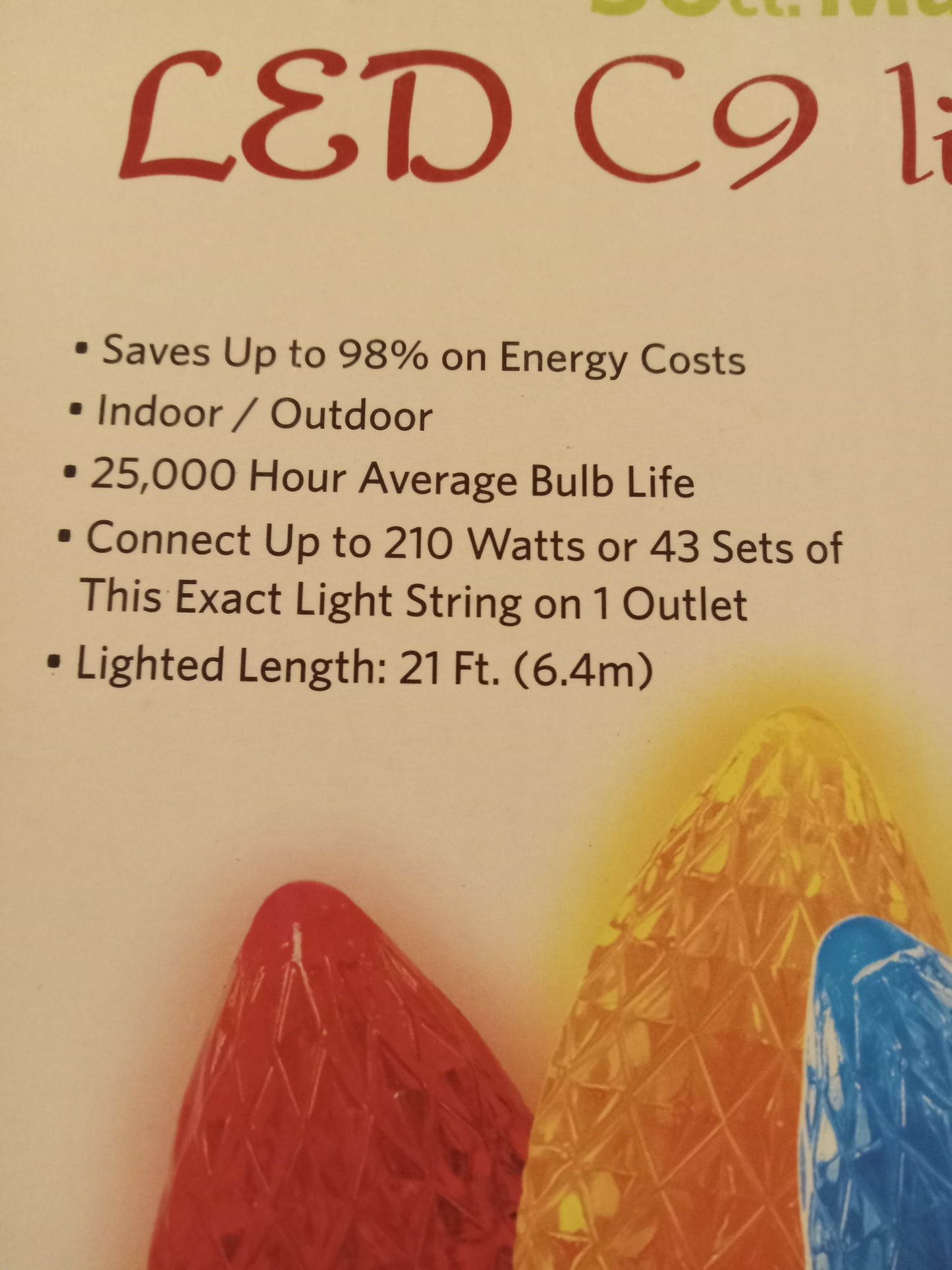 Christmas Lights, 50 LED C9 Lights, Multi-Color, Green Wire, Member's Mark, USED