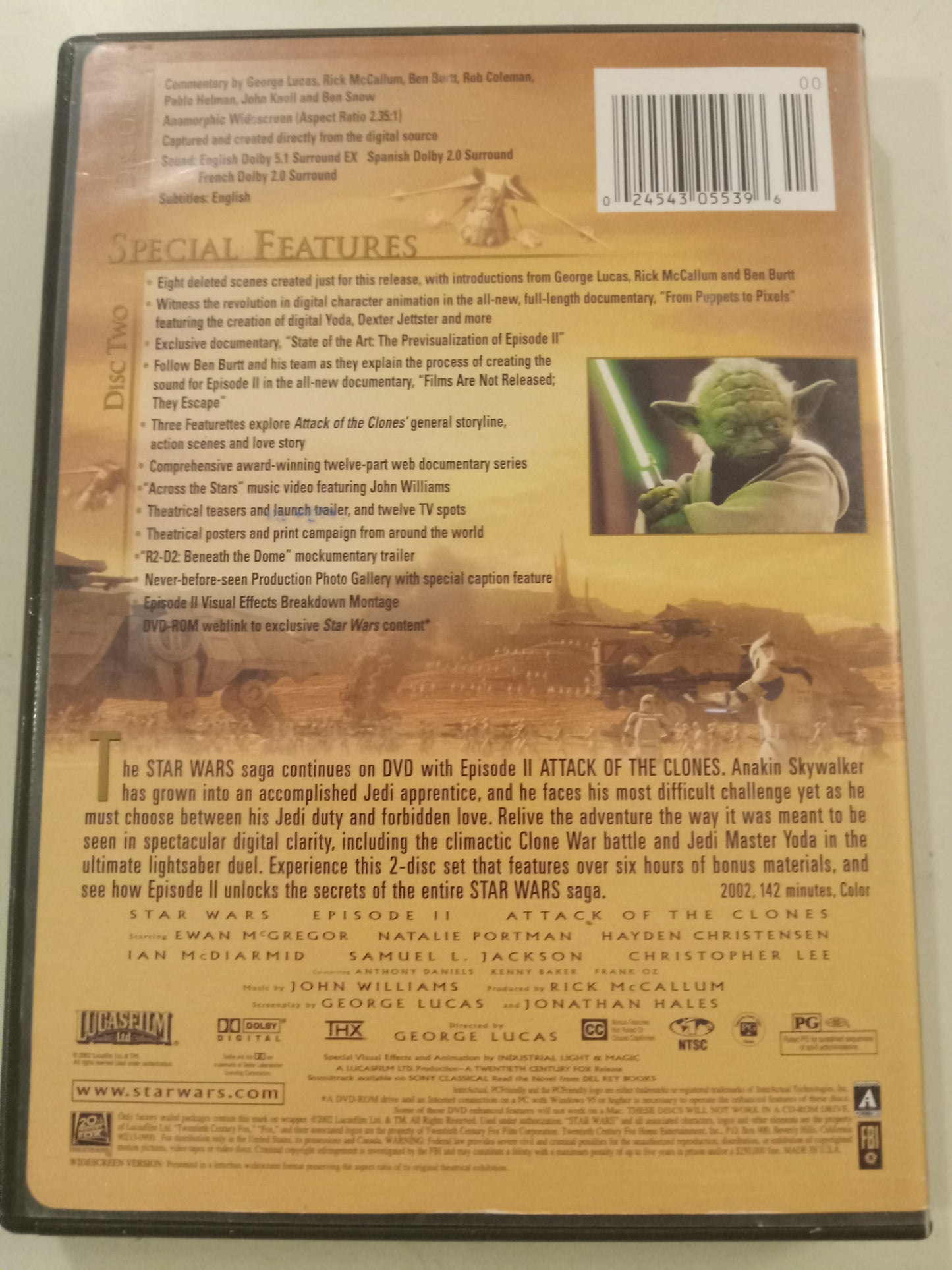 DVD: Star Wars 2, Attack OF The Clones (2002, Widescreen, Rated PG) Samuel L Jackson USED