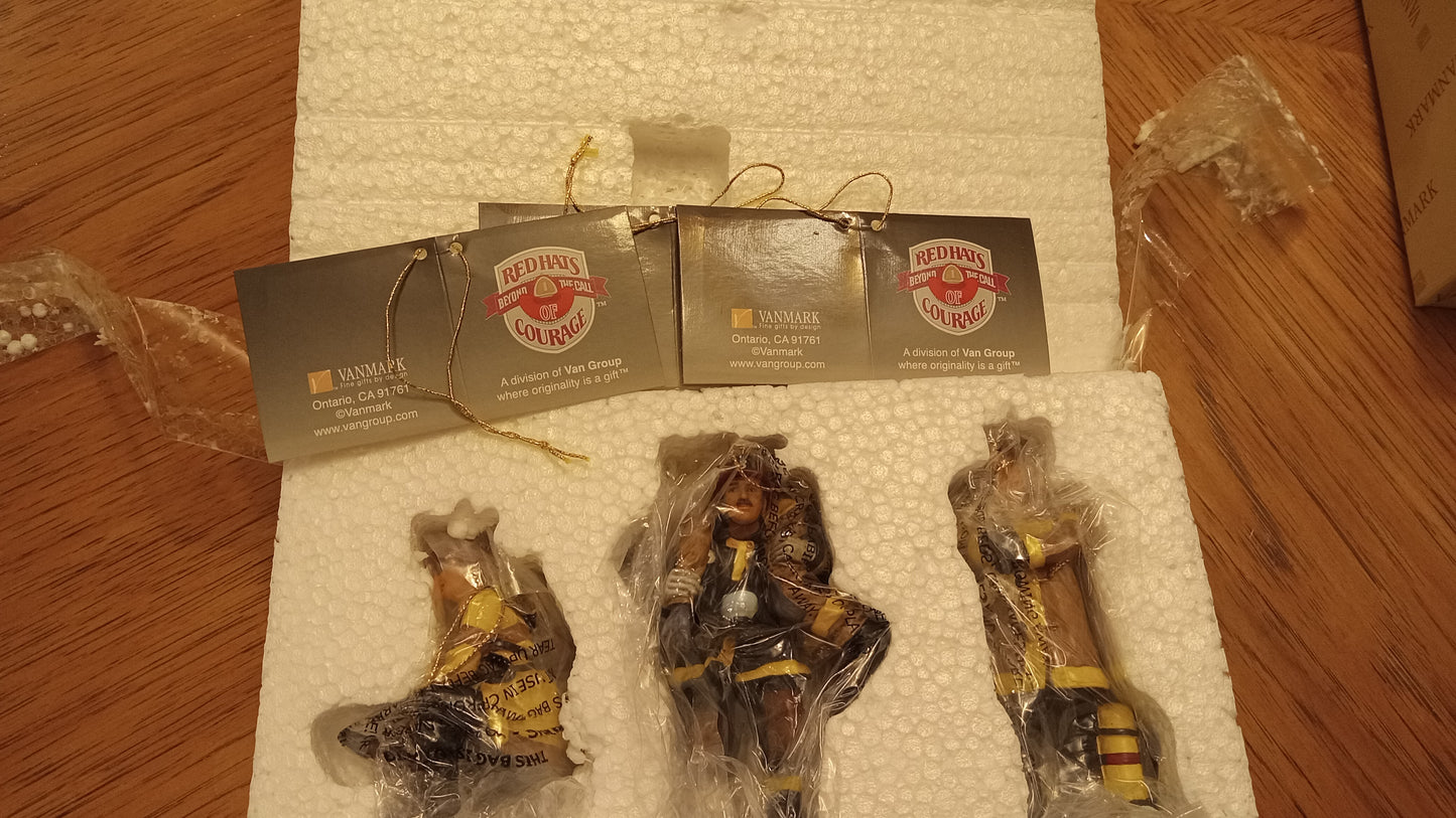 CHRISTMAS ORNAMENTS Vanmark Red Hats of Courage Firefighter 9-11 Set of 3 Item 249351 NEW