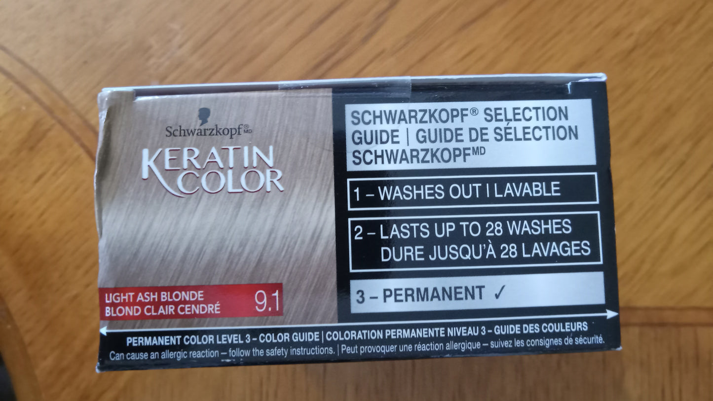 HAIR DYE Schwarzkopf Keratin Color Permanent Hair Color - 9.1 Light Ash True Blonde - NEW