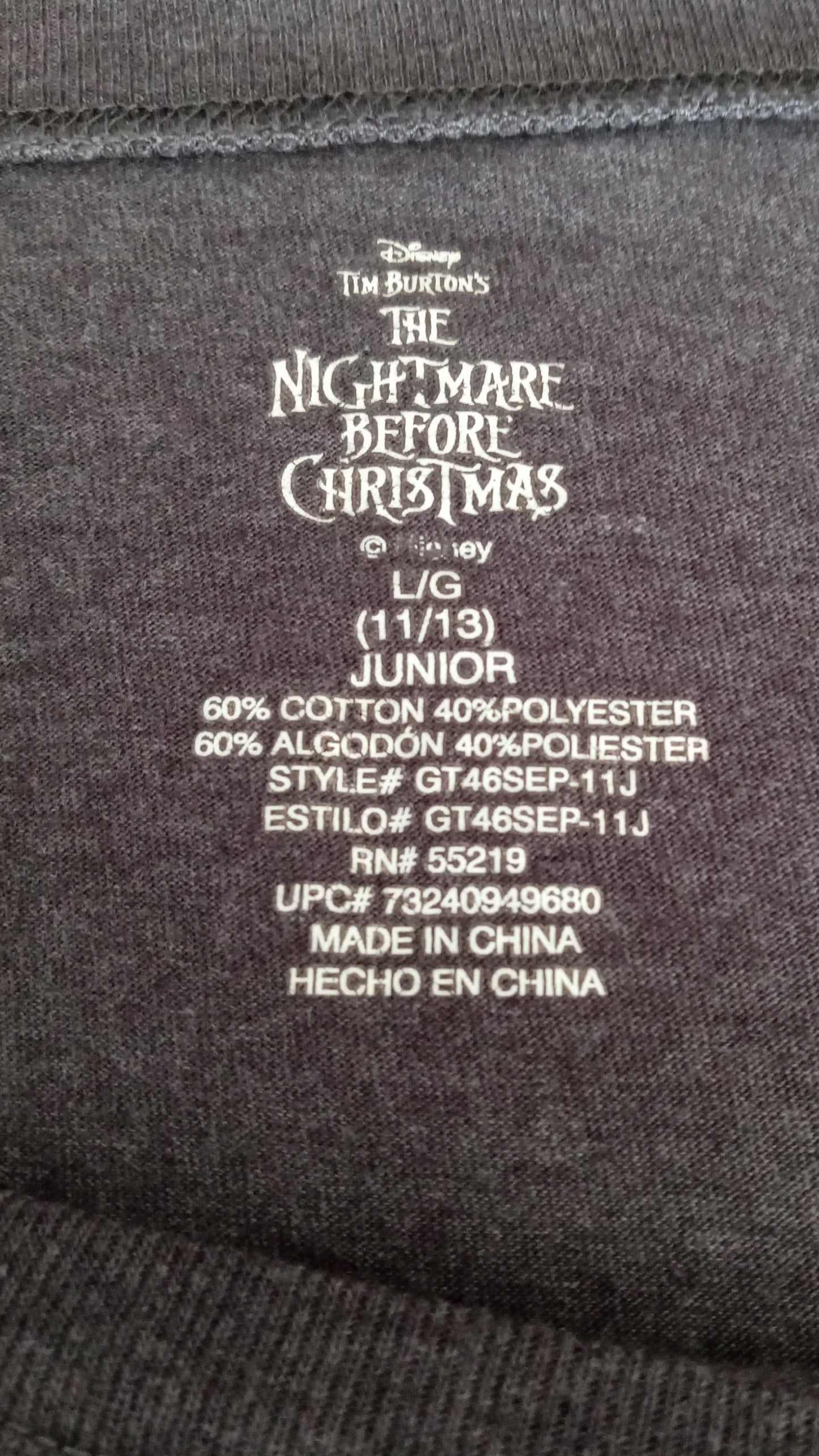 Jack Skellington Nightmare Before Christmas T-Shirt L (11-13) Junior, LIKE NEW