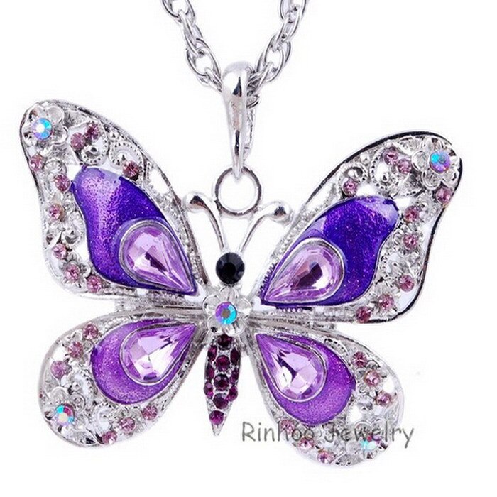 Colorful Sparkling Jewel Butterfly Necklace Pendant Blue Red Purple Pink Green Gold AMB